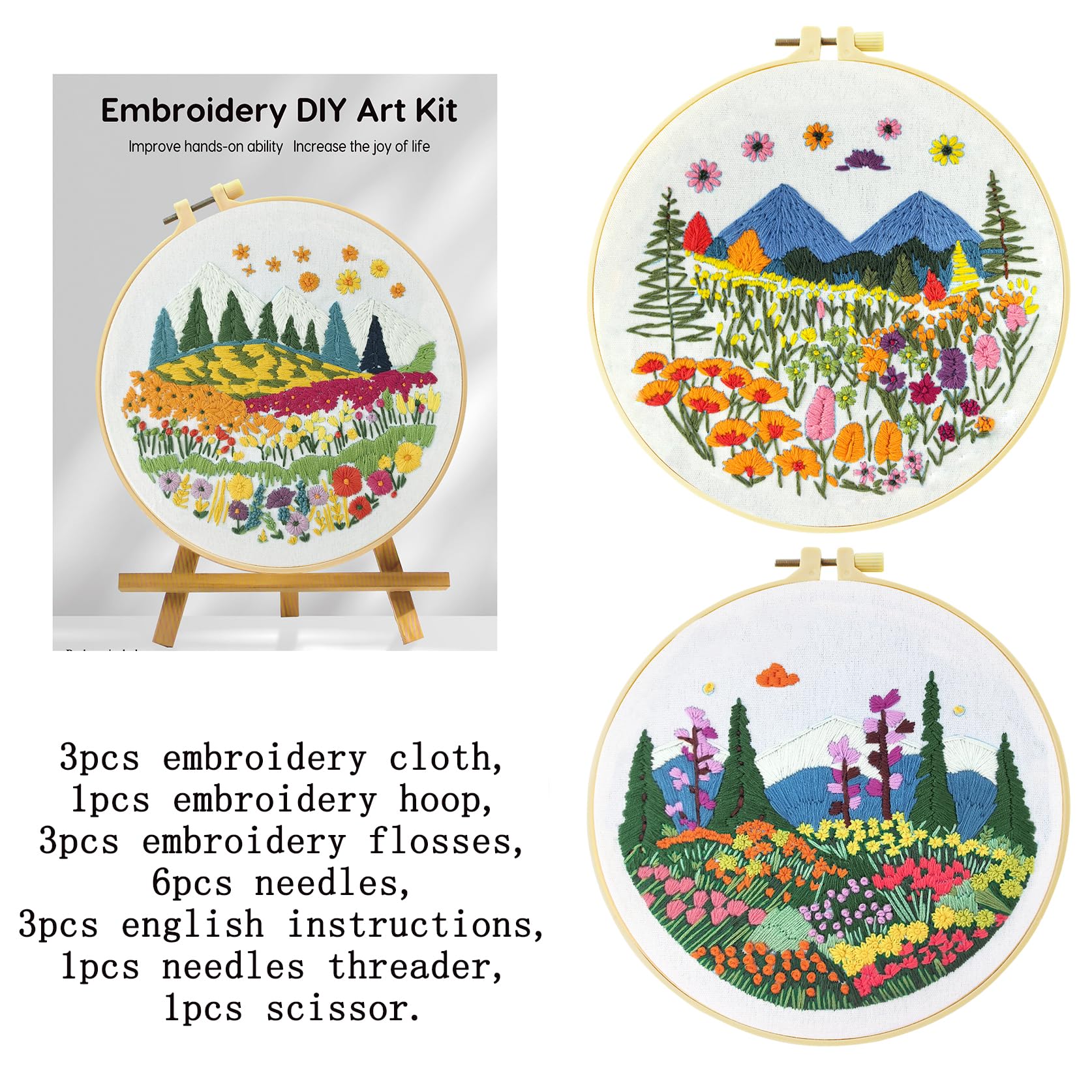 Xinpinzhou 3 Pcs Flower Grass Embroidery Kit, Beginning Easy Stamped Funny Hand Embroidery Patterns Starter Kits Set for Beginners Adults Plant Bordado with Cloth, Thread, Needle, Hoop, Scissors