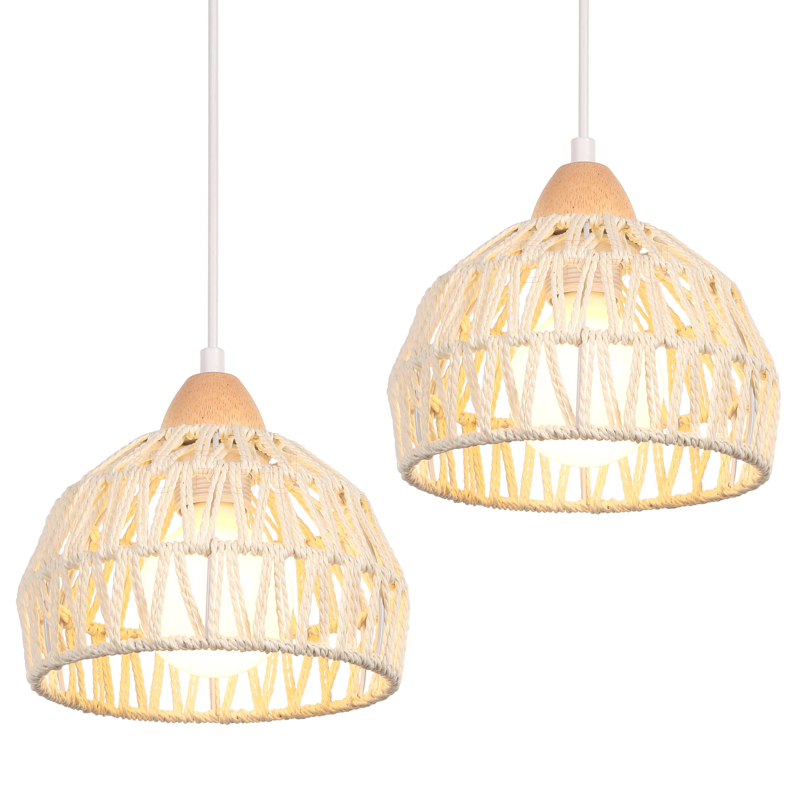 iDEGU 2 Piezas Lámparas Colgante Moderna, 20CM Lámpara de Techo Vintage en Madera y Ratán Estilo Escandinavo Iluminación Colgante E27 Retro Luz de Techo Interior para Salón Comedor Cocina (Blanco)