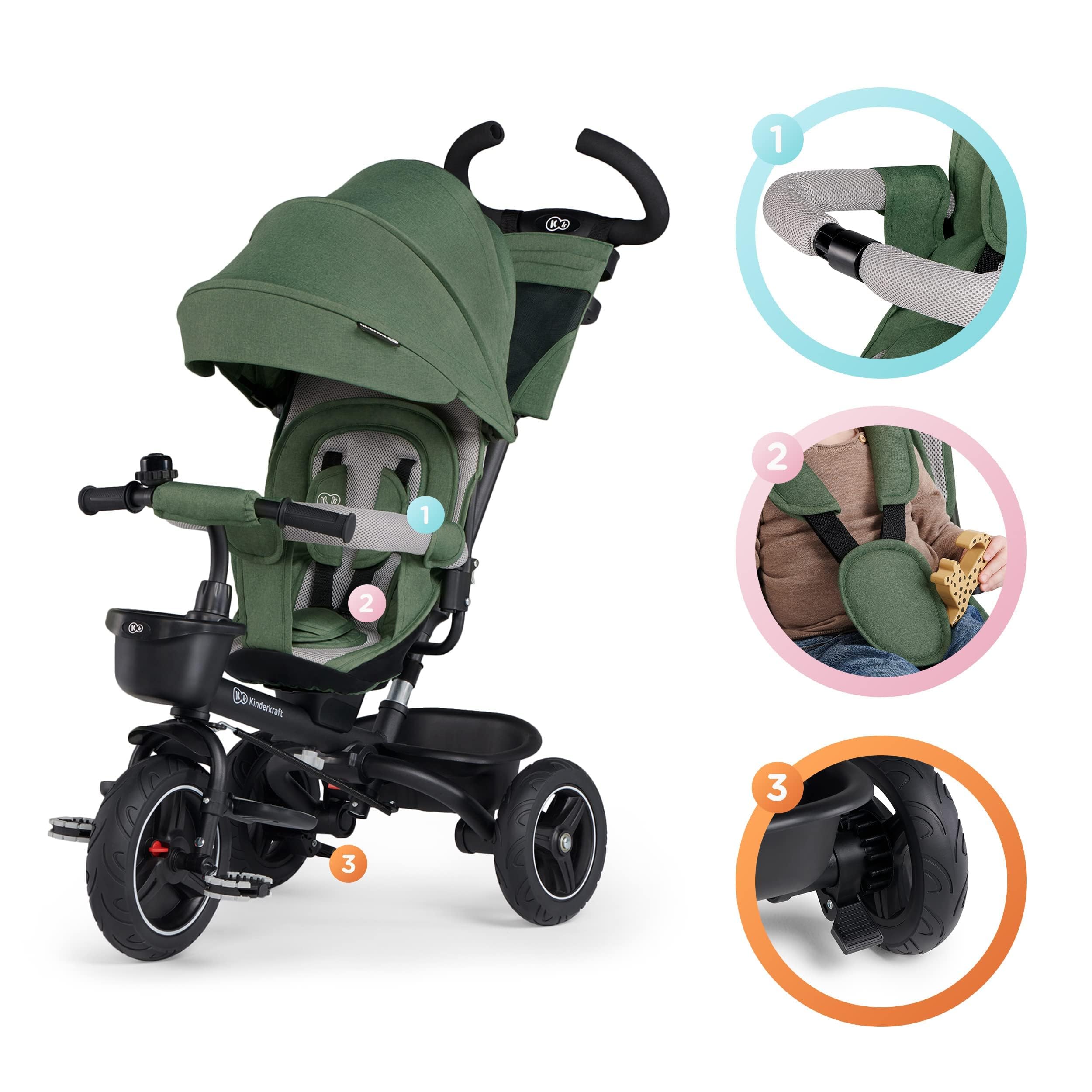 Kinderkraft SPINSTEP Triciclo Evolutivo Bebé 5 en 1 de 9 Meses a 5 Años, Bicicleta para niños, Plegable y reclinable, Capota Impermeable con Filtro UPF 50+, Asiento Giratorio 360 Grados, Verde