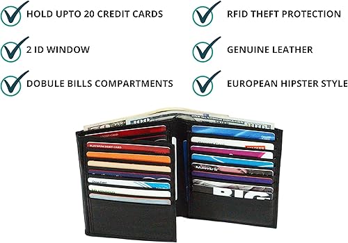 Miniatura 5 de Bullz Hipster Wallet para hombres Cuero genuino Trifold Mens Wallet titular de la tarjeta de crédito (negro)