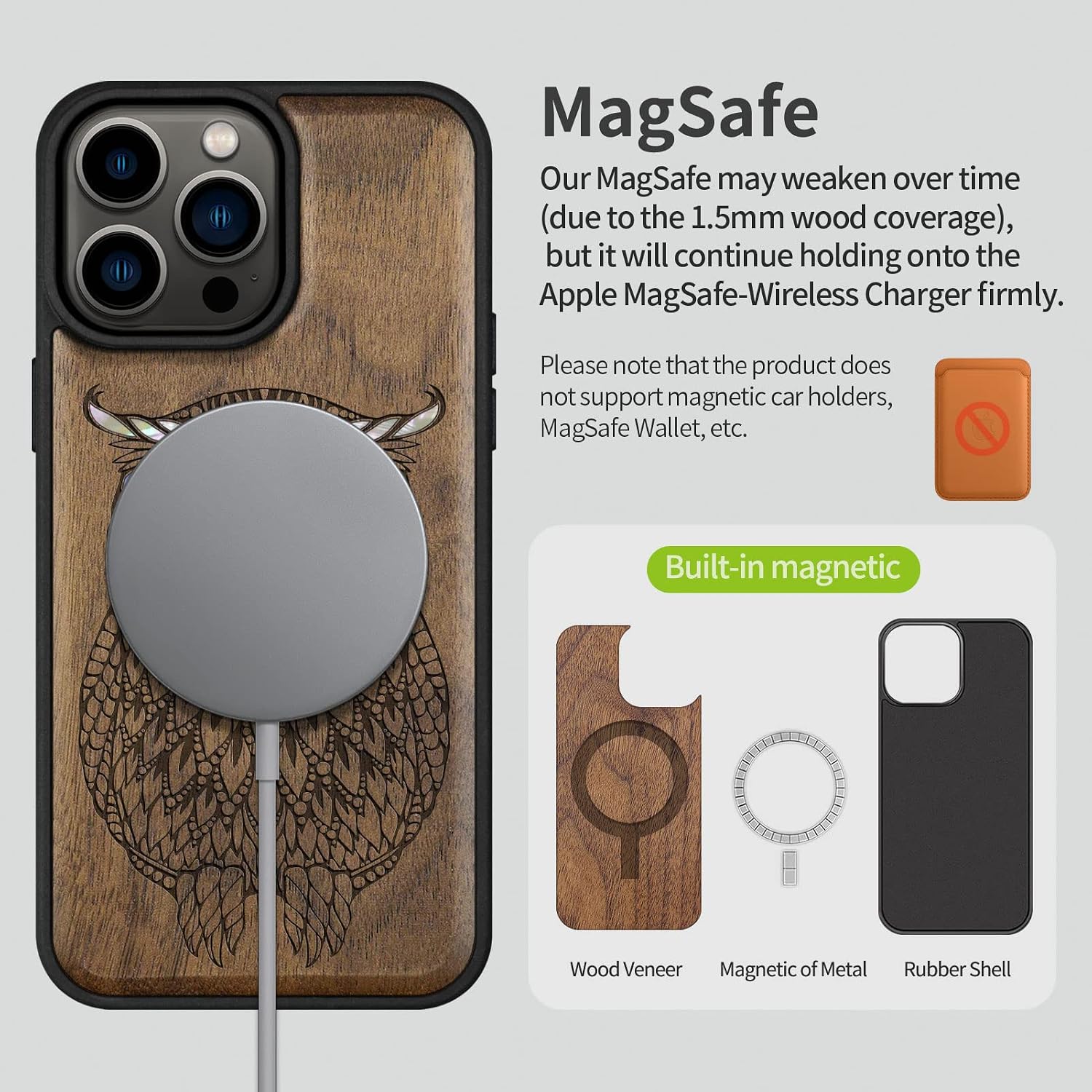 Carveit Designer Wooden Protective Magnetic Case for iPhone 14 Pro Max Case [Wood Engraving & Shell Inlay] Unique Wood Phone Cover Compatible with 14 Pro Max MagSafe 6.7 Inch (Owl-Walnut)