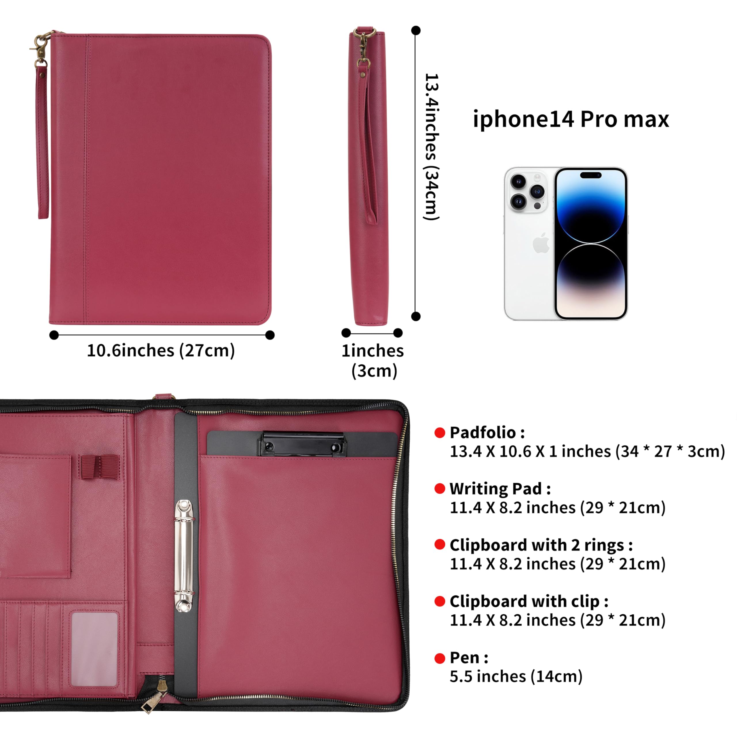 Wason A4 Reißverschluss Kunstleder Schreibmappen Padfolio mit abnehmbarem Ringbinder Portfolio und Schreibblock-Halter, Konferenzmappe mit Mehrfachtaschen für Büro Reise Schule (Rot)