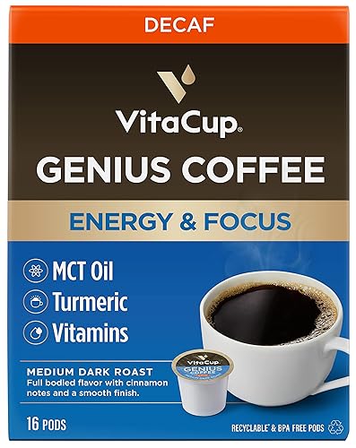 VitaCup Decaf Genius. Cápsulas de café descafeinado para dieta cetogénica con aceite MCT, cúrcuma y vitaminas B para concentración, en cápsulas