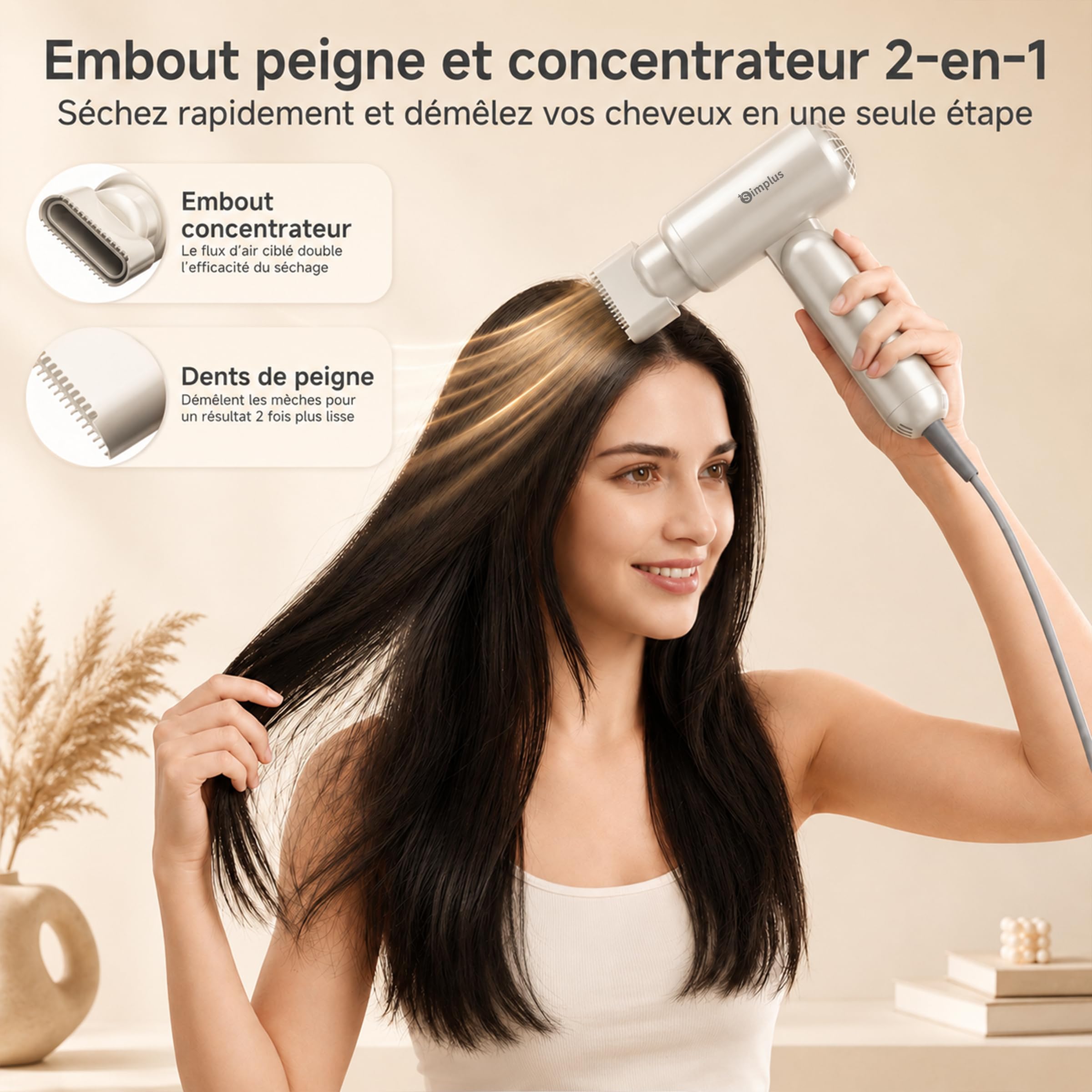 SIMPLUS Sèche-Cheveux Ionique Pliable, 1300W, Moteur BLDC 110 000 tr/min, 70 m/s, 300 Millions d'Ions Négatifs, 8 Modes, Contrôle NTC, Léger 283 g, Buse Peigne, Voyage