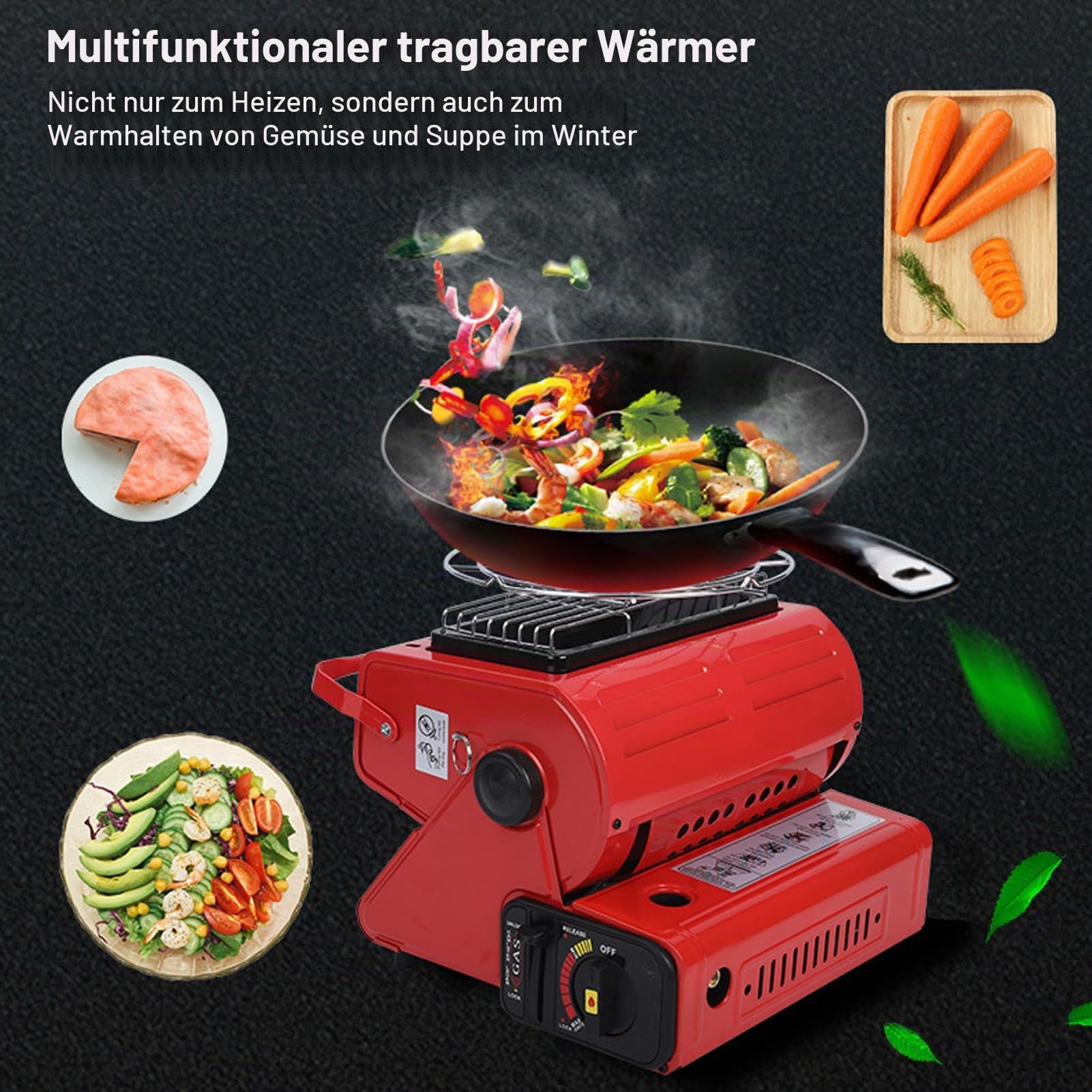 Tragbare Gasheizung Campingheizung für Zelt, Camping, Kochherd, 1,3 kW, 90 g/h, 2-in-1 Butan-Flüssiggasheizung, Brenner, tragbarer Outdoor-Gas-Heizstrahler für Camping, Angeln, Zelt, Zuhause