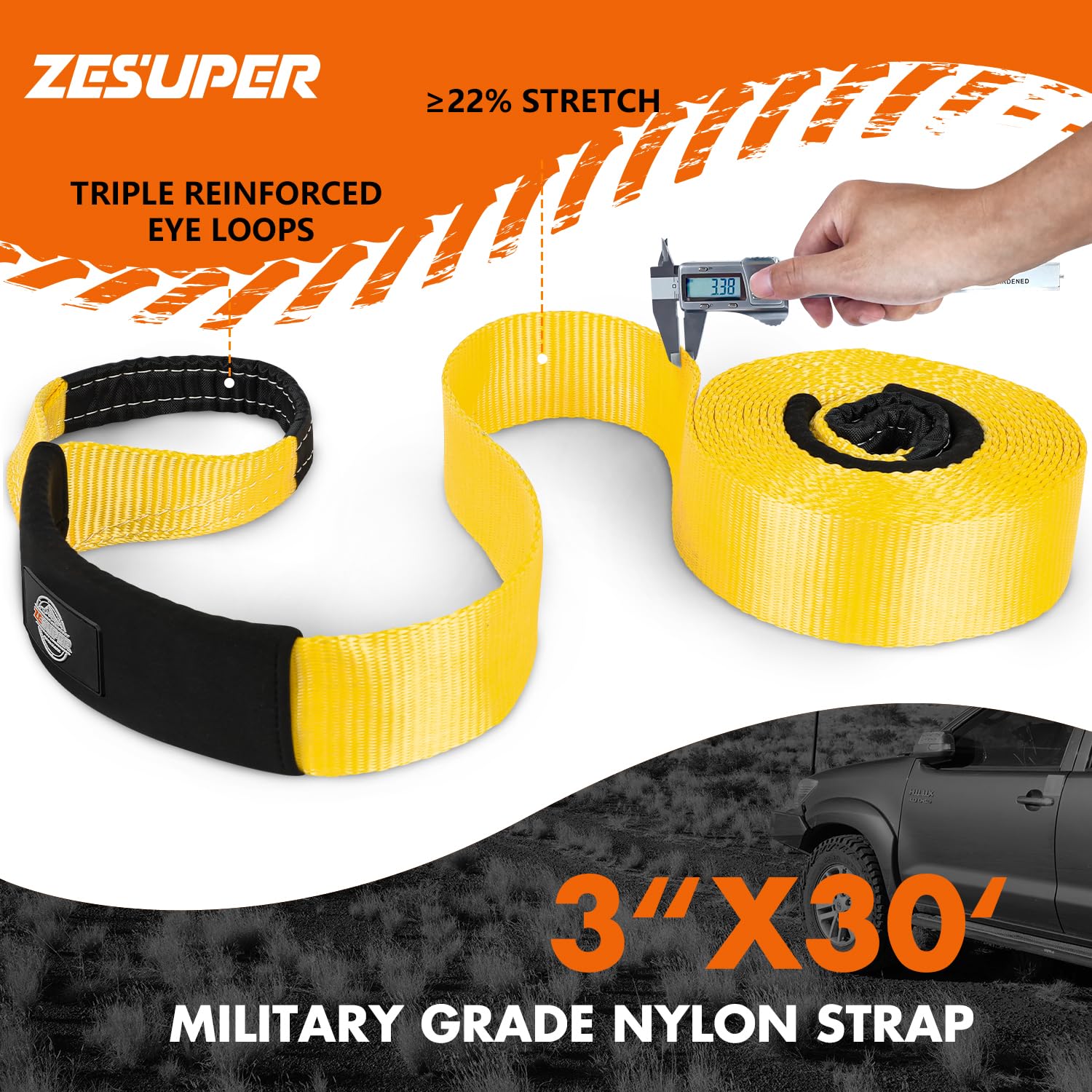 ZESUPER Heavy Duty Recovery Tow Strap Kit - 3"x30' Snatch Strap (26,500 Lb), 2 Shackles, Hitch Receiver, Damper Bag - View #6