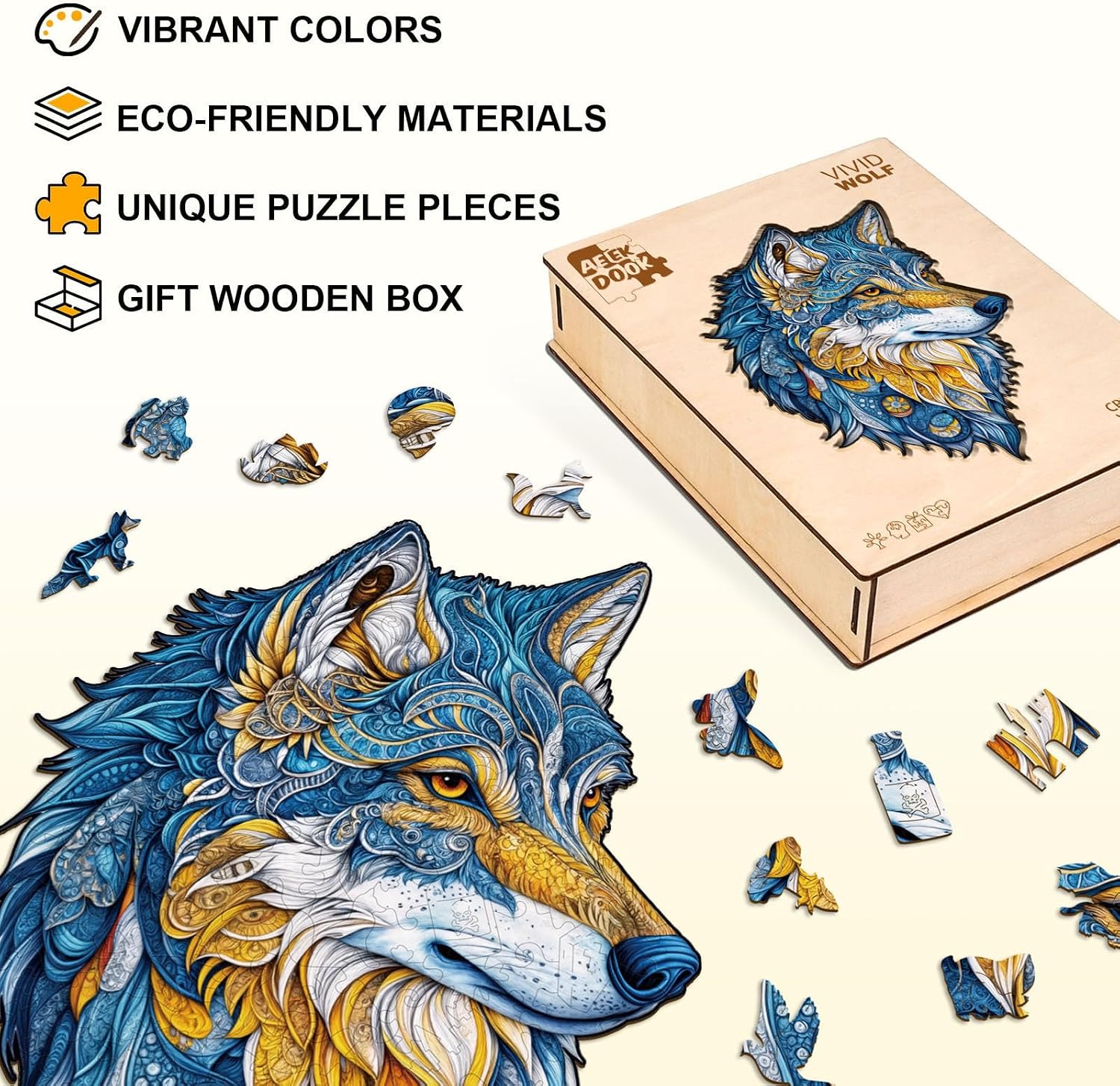 Wooden Puzzles for Adults - Vivd Wolf Wood Puzzles Adult - Unique Animal Shape Wooden Jigsaw Puzzles for Adults - Fathers Day Decor Gifts Idea for Dad (13.1 * 9.1in -200 Pieces)