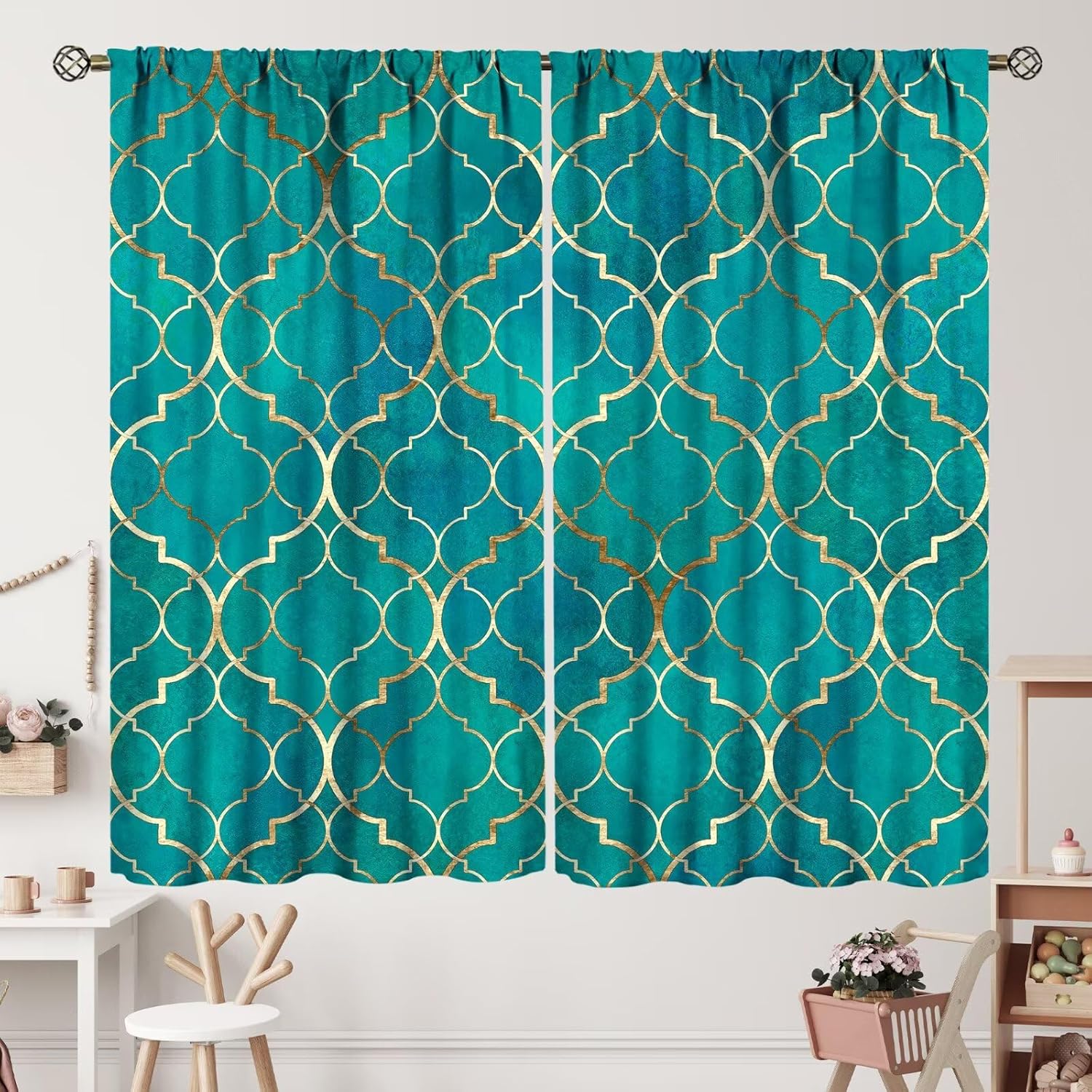 Turquoise Teal Marble Curtains Gold Yellow Mandala Geometric Texture Boho Retro Curtain with Rod Pocket for Bedroom Living Room Decor Drapes Window Treatments 2 Panels Set 42" W X 45" L