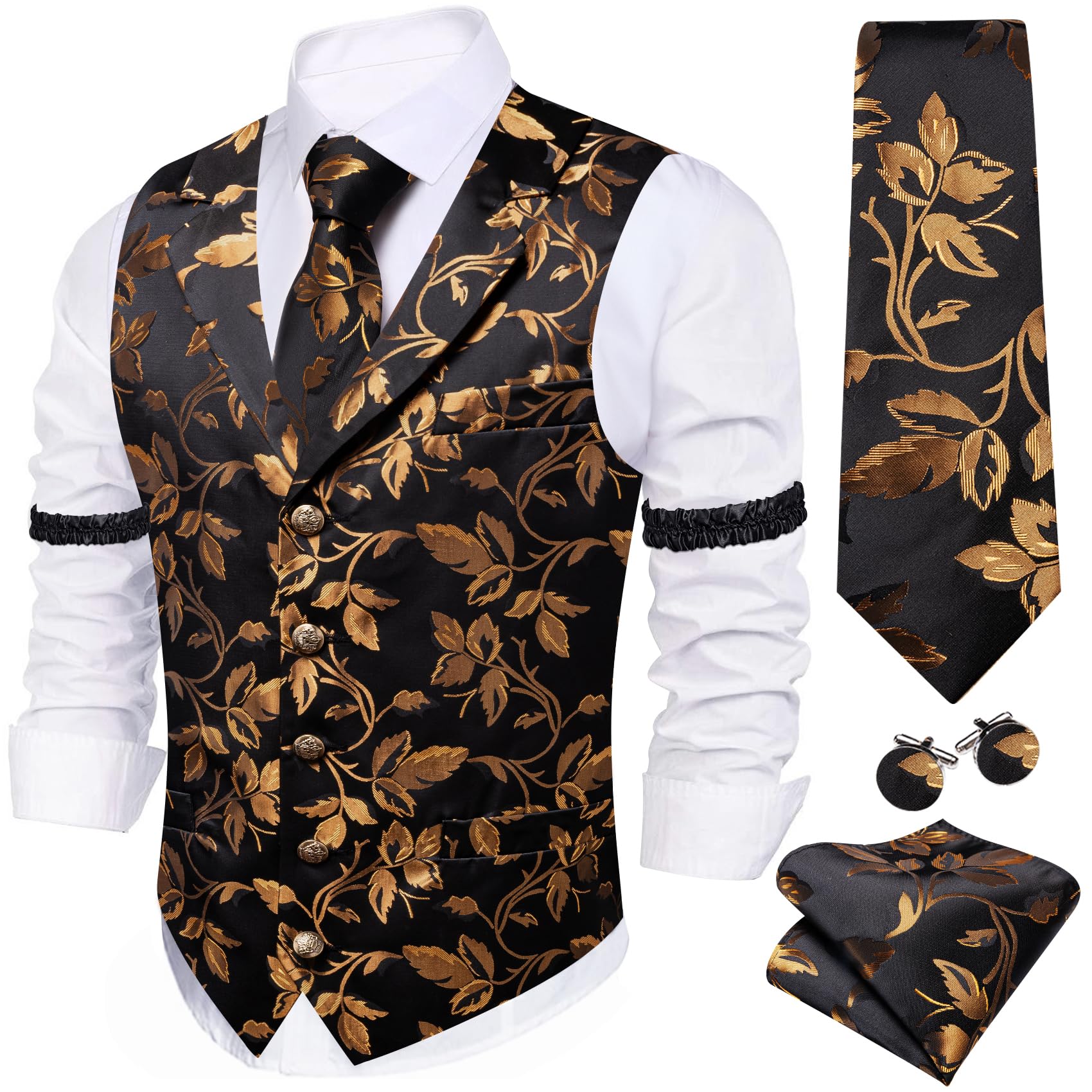 Barry.Wang Mens Silk Paisley/Floral Suit Vest Tie Sleeve Holder Set 5PCS