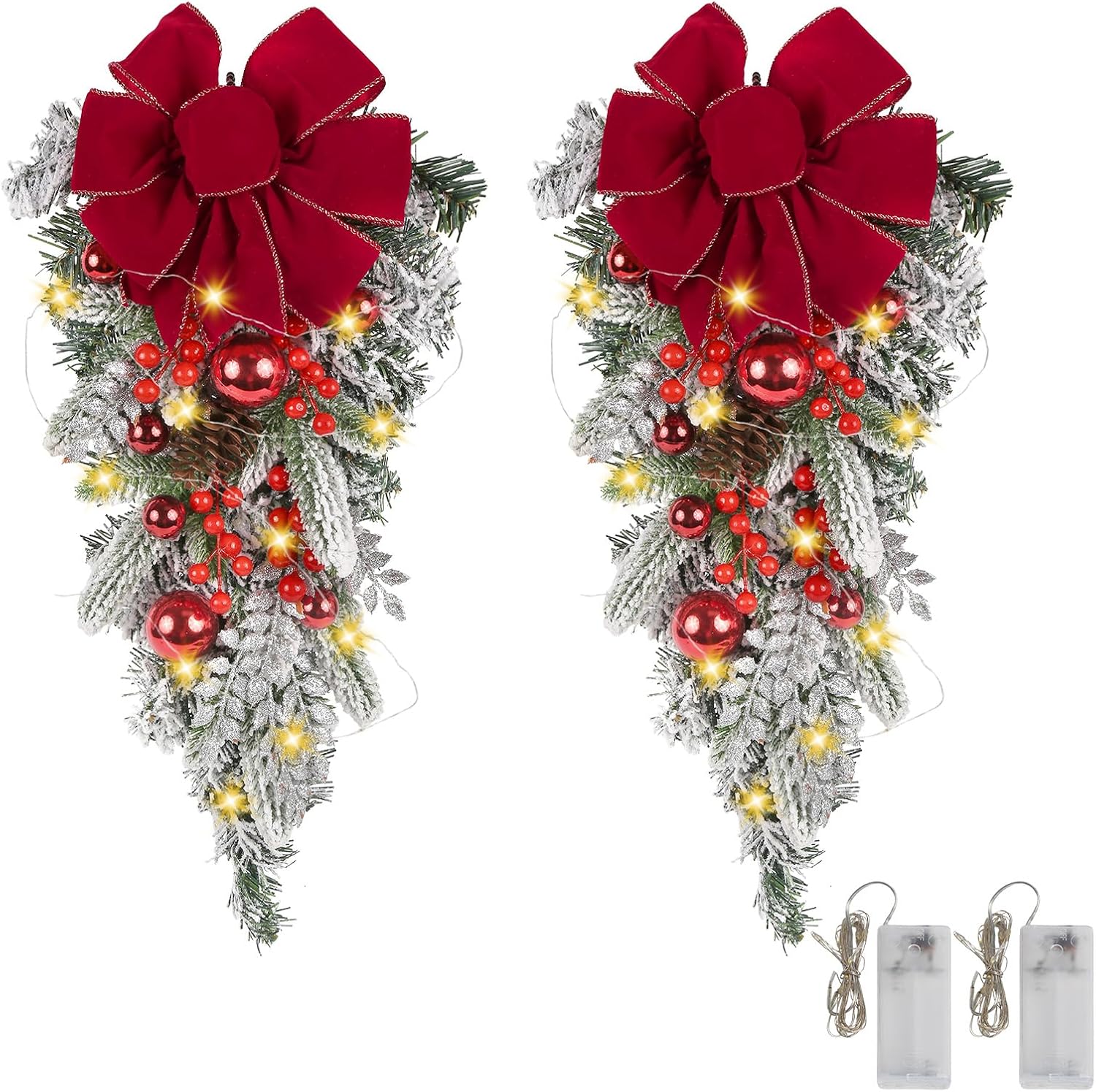 2 Pack Prelit Red Christmas Swags, 23.6" Teardrop Door Swag with Red Bows, Ornaments, Pinecones and Berries, Christmas Teardrop Swag for Front Door, Windows, Fireplace and Table Décor