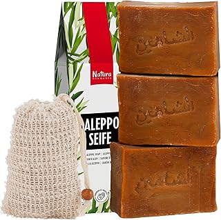 Natura Germania® 3x je ca. 200 gr (ca. 600 gr) original Aleppo Seife Set 80% Olivenöl / 20% Lorbeeröl + Sisal Seifensäckchen | Bekannt aus dem Öffentlich-rechtlichen - Naturseife