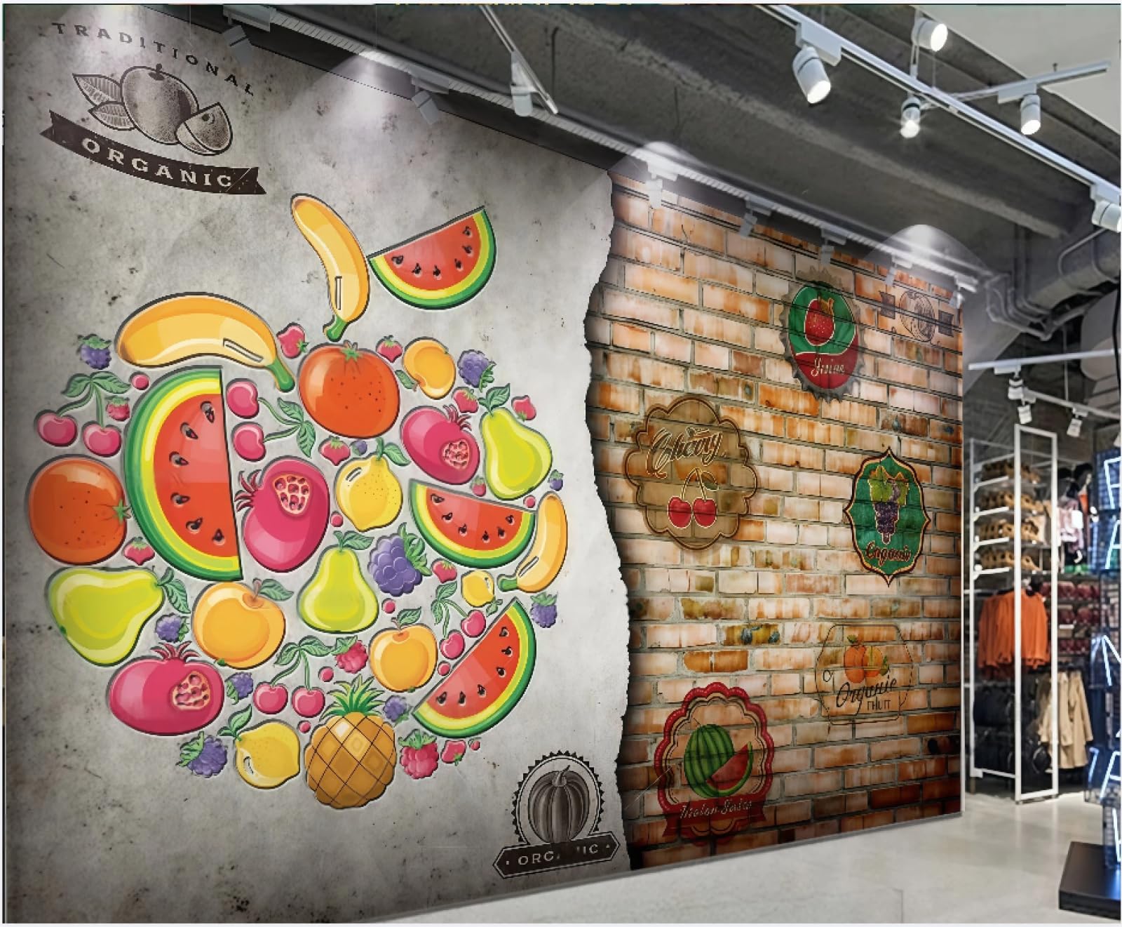 XDOUBAO Wallpaper Nostalgic Brick Wall Creative Fruit Theme Shopping Mall Drinks Afternoon Tea Western Restaurant Background Wall Wallpaper Coffee Shop Mural,3D,300x210cm