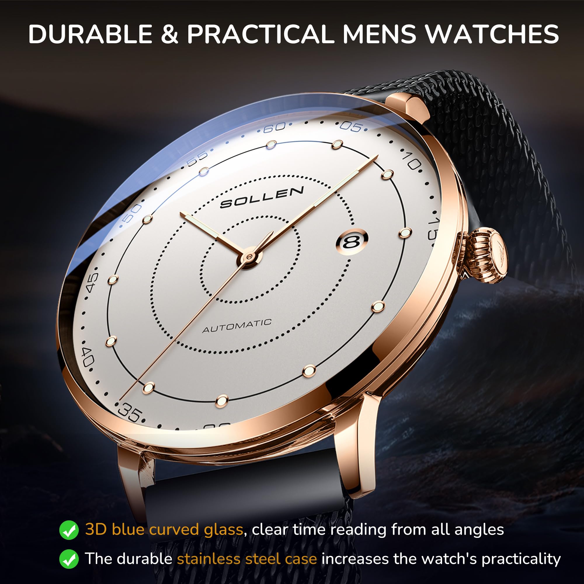 SOLLEN Automatische Herrenuhren, minimalistische mechanische Uhren für Männer, luxuriöse, leuchtende Herren-Armbanduhr mit Kalender