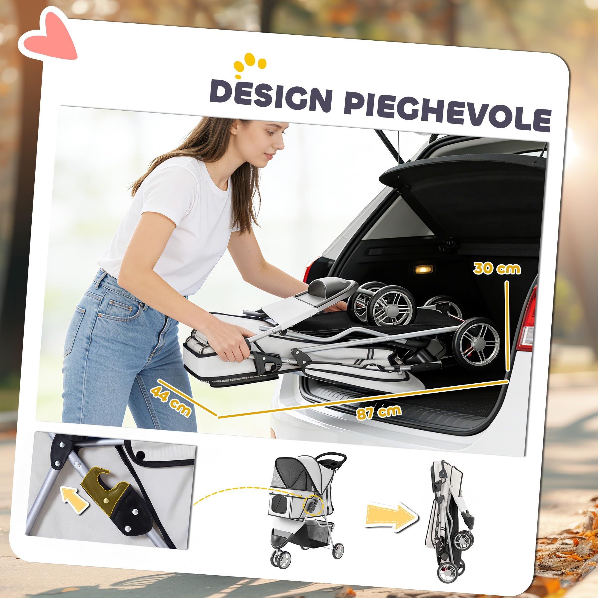 PawHut Passeggino per Cani Piccoli Pieghevole, Carrozzina per Cani con Ruote con Freni, Portabicchieri, Cestino Portaoggetti e Imbottitura Rimovibile e Lavabile, per Animali fino 10 kg, Grigio