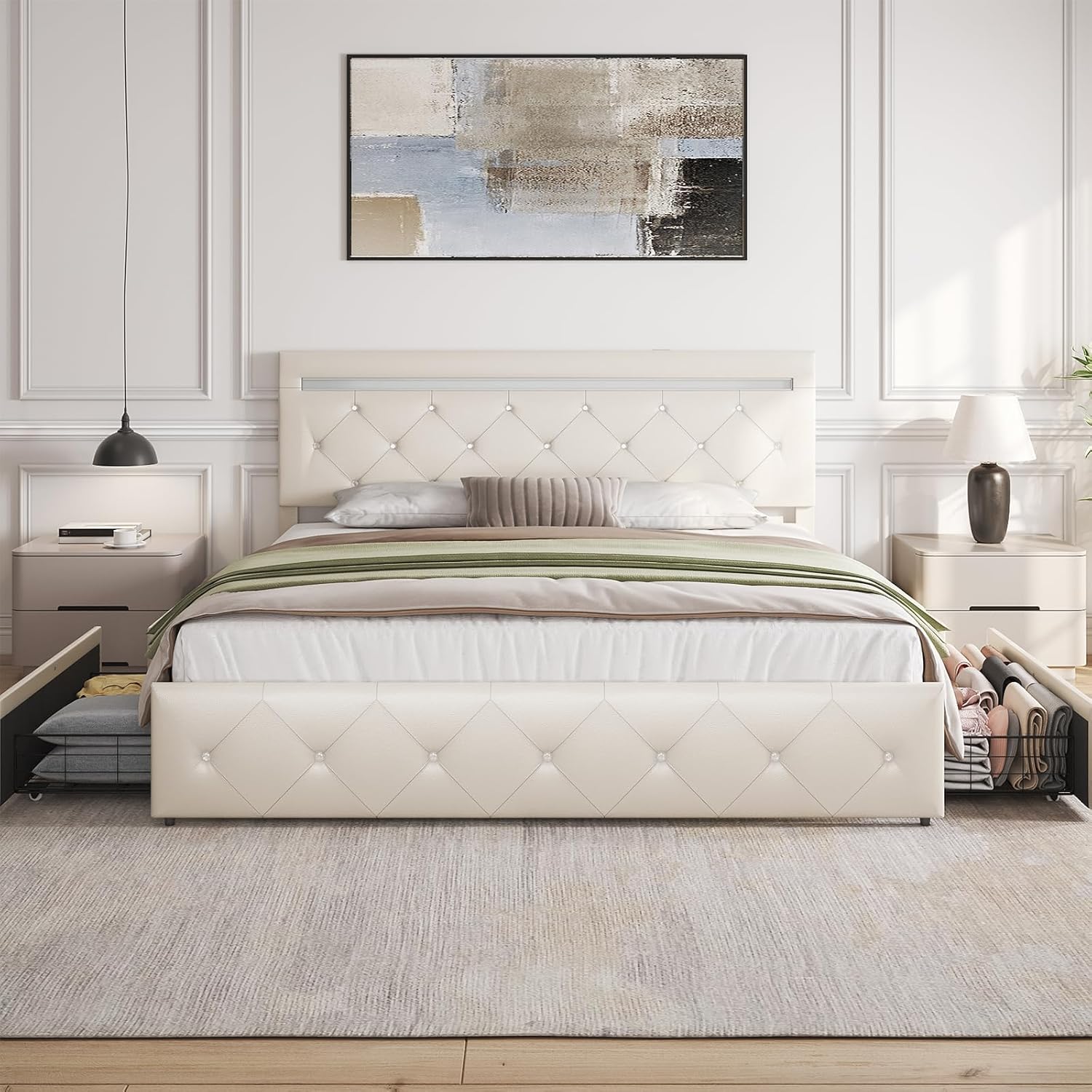 Queen Size Bed Frame with 4 Drawers and Adjustable LED Headboard, PU Leather Upholstered Platform Storage Bed with Charging Station, Wooden Slats Support, No Box Spring Needed, White