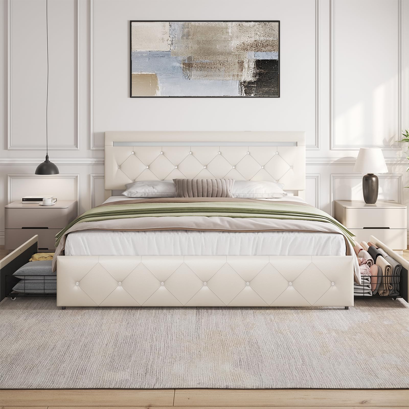 Full Size Bed Frame with 4 Drawers and LED Light, Charge Station, PU Leather Upholstered Platform Storage Bed with Adjustable Headboard, Wooden Slats Support, No Box Spring Needed, White