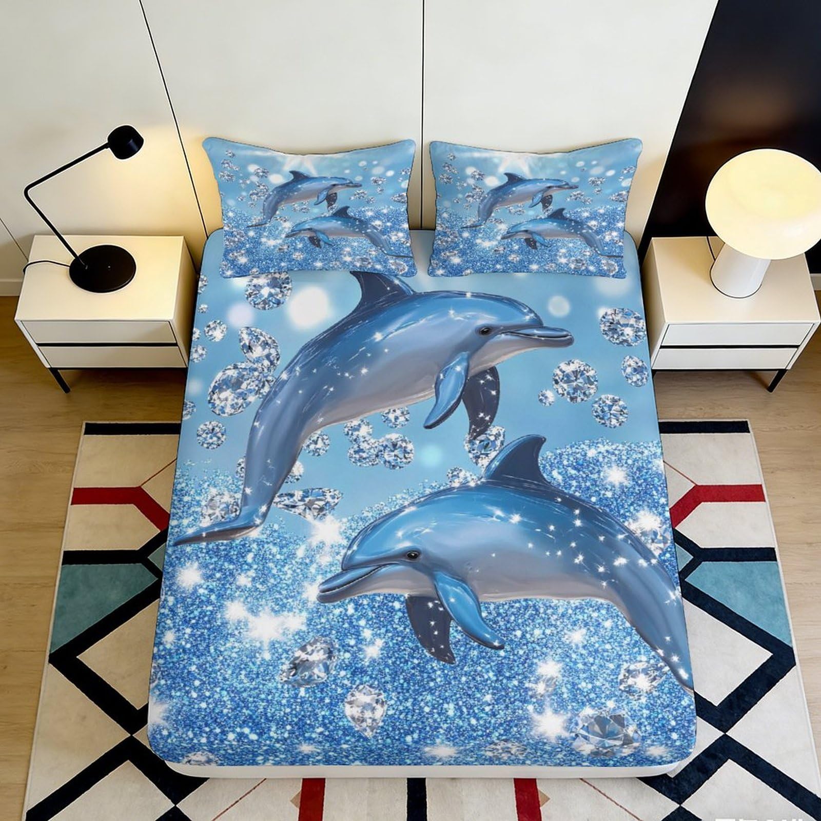 3D Printed Dolphin Pattern Fitted Sheet Microfiber Soft Breathable Ocean Blue Bed Cover with Sparkling Water Droplets Mattress Cover for Bedroom Dormitory Guest Room 90x200x25cm