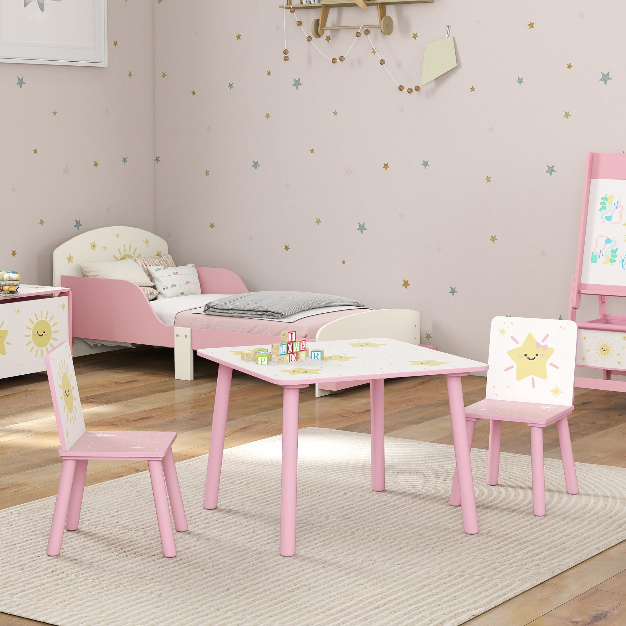 AIYAPLAY Mesa y Sillas Infantiles de 3 Piezas, Mesa Infantil con 2 Sillas de Madera de Pino, Juego de Muebles con Dibujos de Estrella para niños de +3 Años, para Dormitorio, Sala de Juegos, Rosa