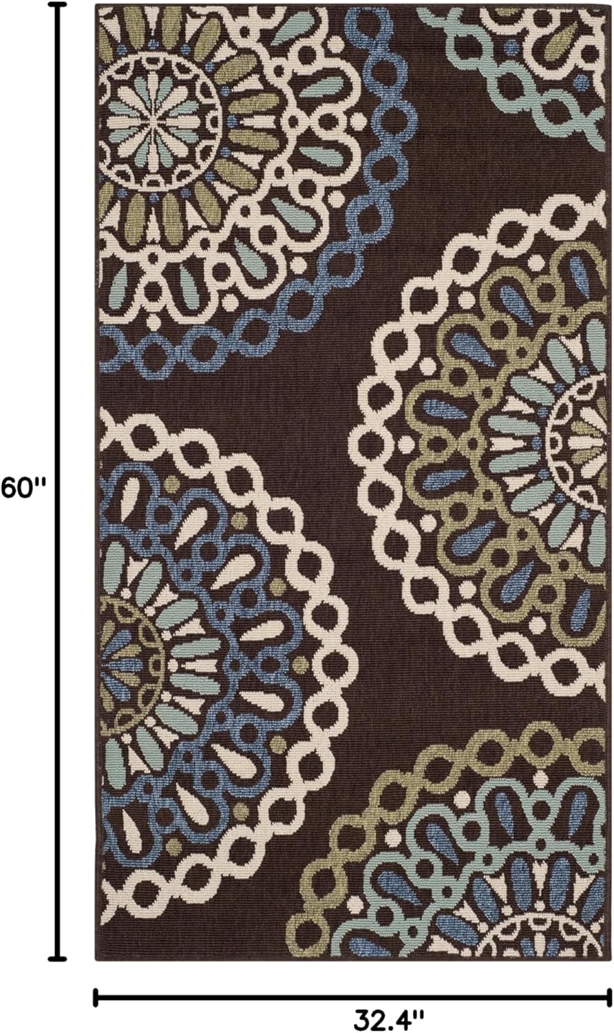 SAFAVIEH Washable Rug Outdoor Veranda Collection - 2'7' x 5', Chocolate & Blue, Non-Shedding & Easy to Clean, Ideal for Patio, Backyard, Mudroom (VER092-0625)