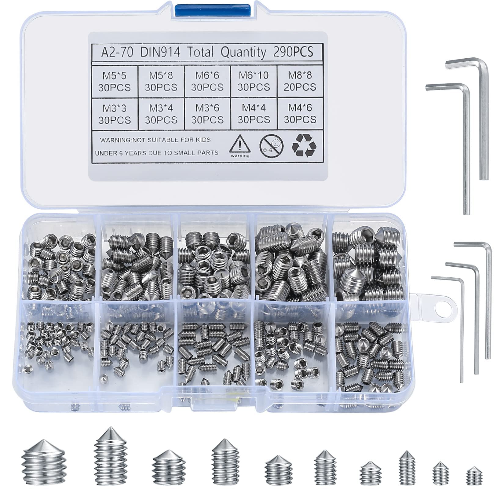 MAKINGTEC Stainless Steel Grub Cone Point Hex Socket Screws Set, 290 Pcs Metric Thread Socket Allen Key Cup Point Grub Screw Set with M3 M4 M5 M6 M8 for Door Handles Faucet Light Fixture