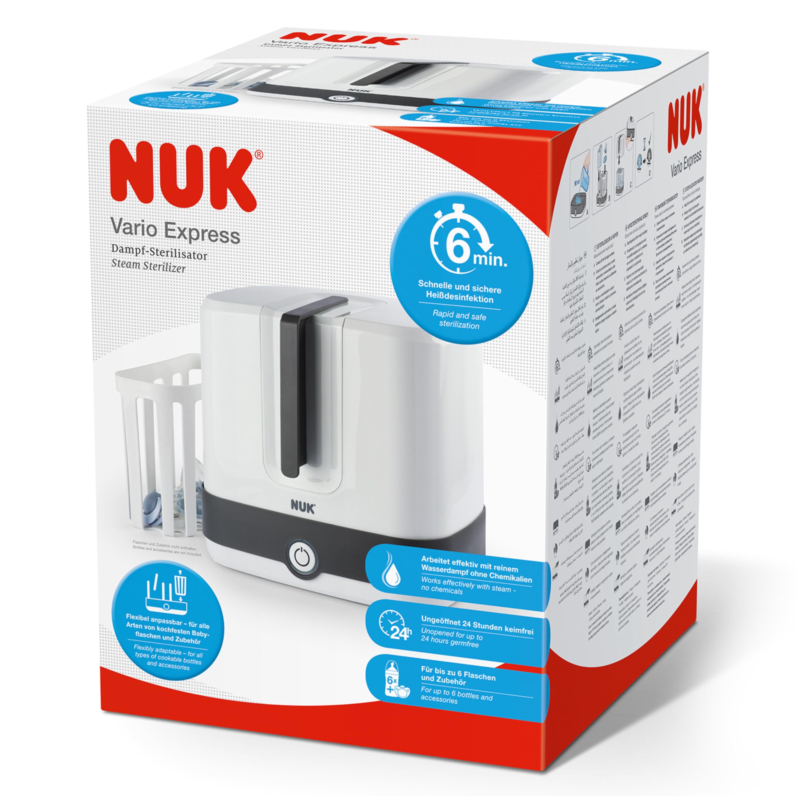 NUK Vario Express Stérilisateur de Biberons | Arrêt Automatique | Jusqu'à 6 Bouteilles + Accessoires en 6 Min