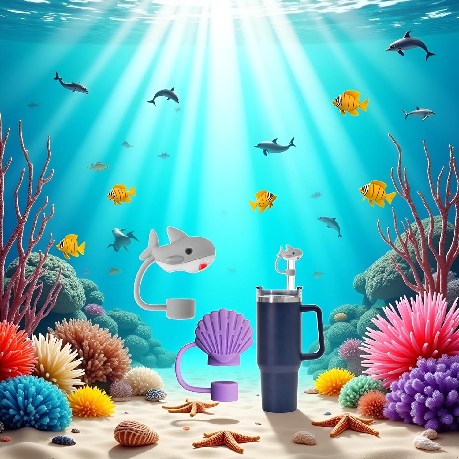 Sharks and shells Straw Cover for Stanley 40&30 Oz Cup, 10mm Silicone Straw Covers Cap for Stanley Cup Accessories, Cute Topper for Tumblers, Cap Stopper for Reusable Straws - Image 5