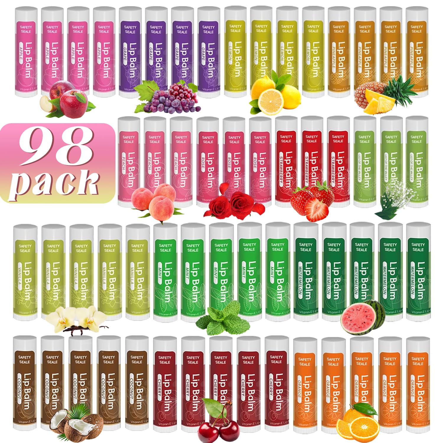 98 Pack Natural Lip Balm Bulk with Vitamin E and Coconut Oil - Moisturizing, Soothing, and Repairing Dry and Chapped Lips - 14 Flavors - Non-GMO,