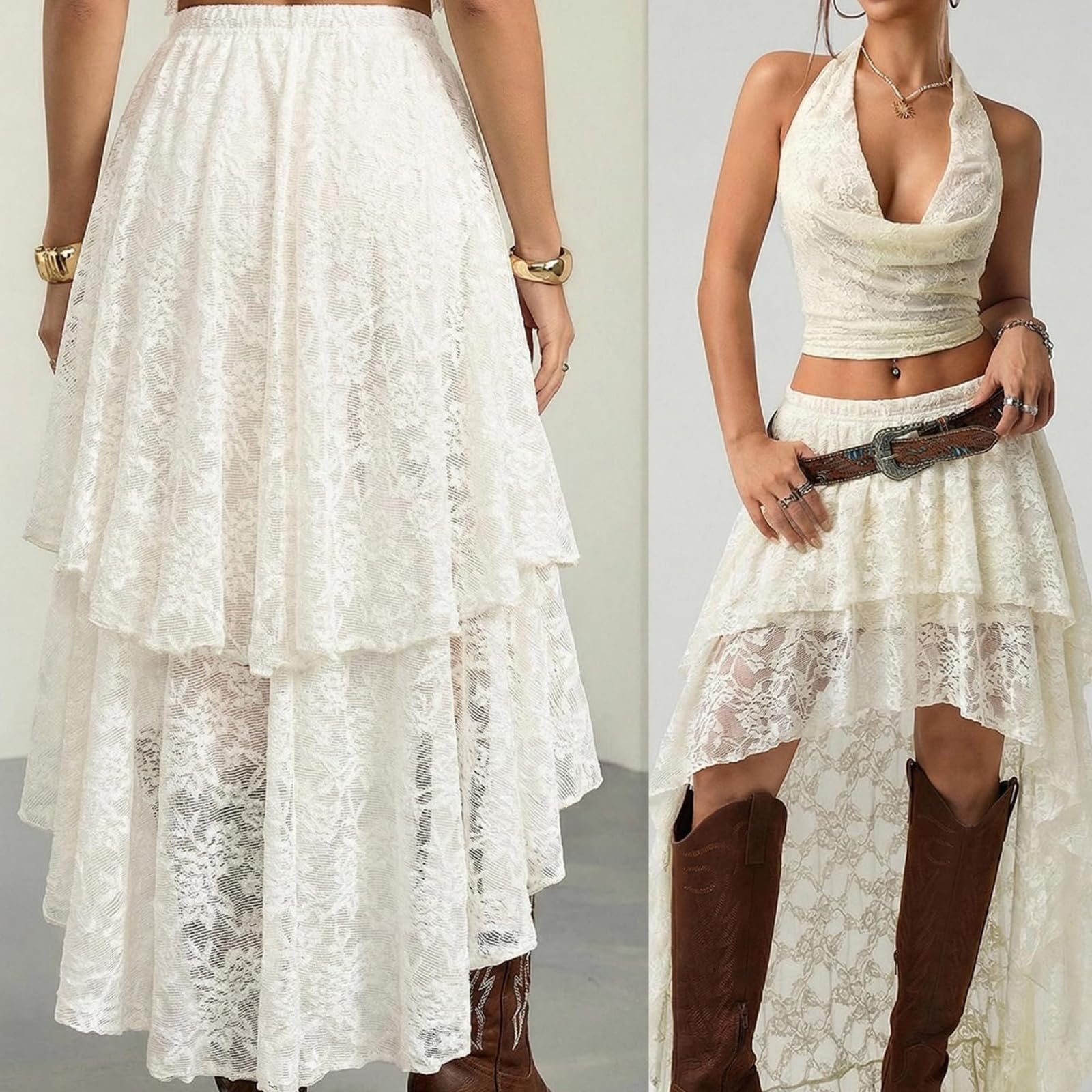 Générique Jupe Longue à Volants en Dentelle et Tulle superposés pour Femme, Coupe trapèze, Style bohème, Ourlet Tendance, idéale pour Les Sorties. (White,S)
