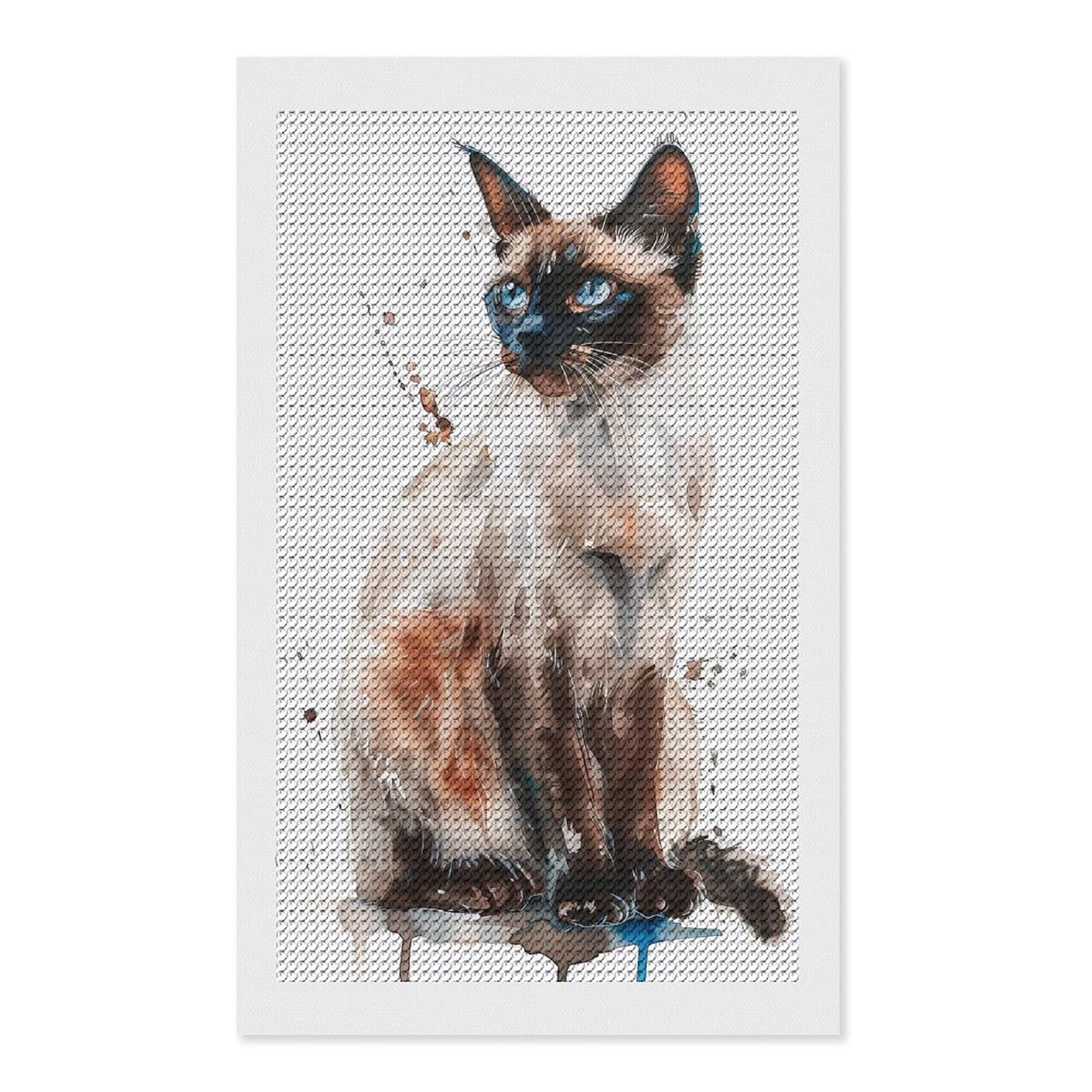 Junmoney Balinese Cat Watercolor DIY Diamond Art Canvas Kit 12"x20", Decorate Your Room, Sparkling Round Gems, Fun Craft Experience, Farmhouse Decor