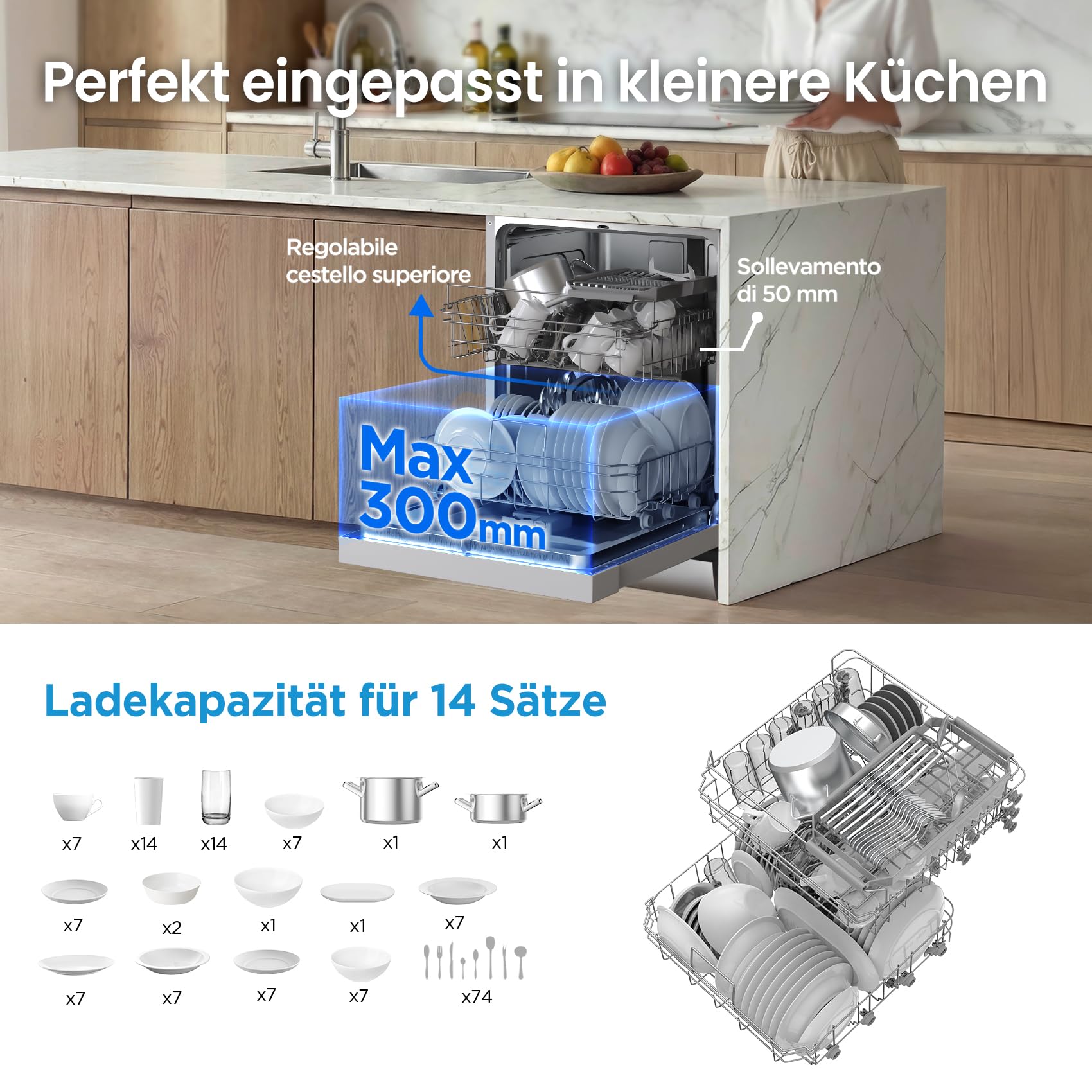 Midea SF 5.60NW14C Lavavajillas 60 cm Independiente y Bajo Encimera, 14 MGD, Cuidado de la Higiene +, Lavado por Zonas, 7 Programas, Lavavajillas 60 cm con WiFi, Inicio Retrasado