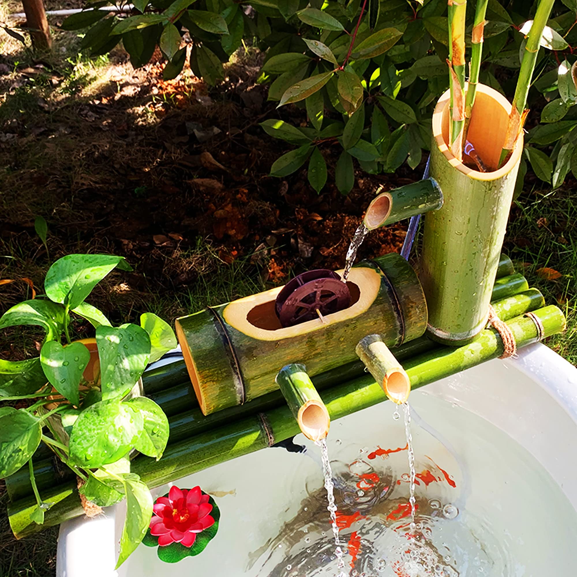 asdchZen Bamboo Water Fountain, Fountain With Rotating Windmill Garden Decor, Multiple Water Flow Direction Water Circulation System, For Pond Rockery Stone Trough, 90Cm,30cm