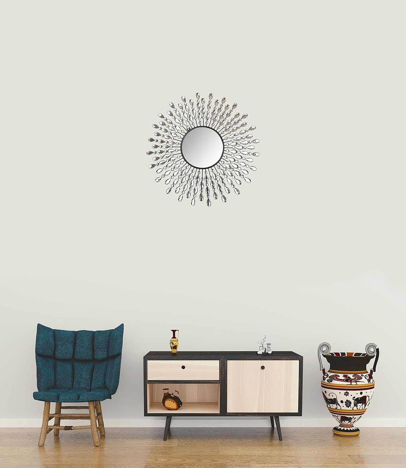 Lulu Decor, 23.50" Crystal Drop Wall Mirror, 9" Round Beveled Wall Mounted Mirror Handmade for Living Room & Bedroom