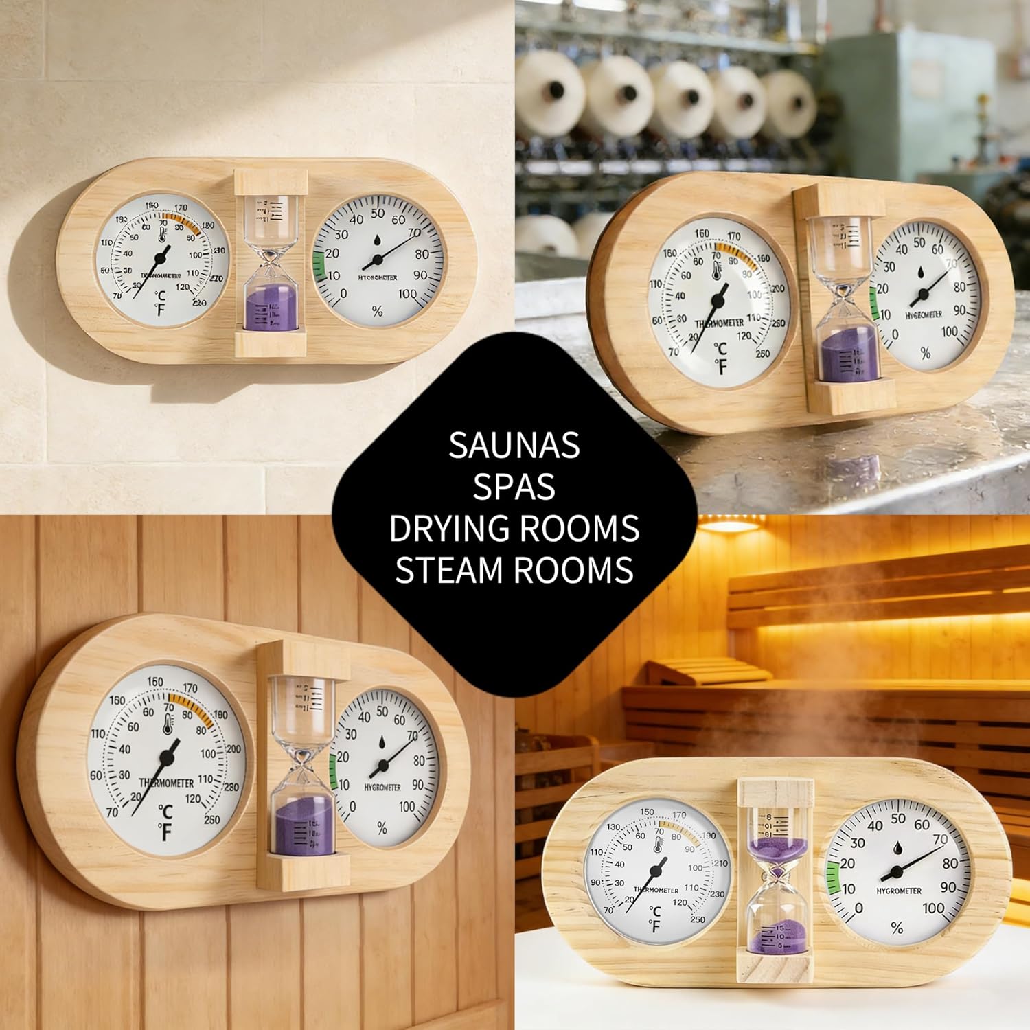 THOUSAND SUNNY Sauna Thermometer and Hygrometer, 3 in 1 Wall-Mounted Sauna Sand Timer Accessories for Sauna Room 15 Minute