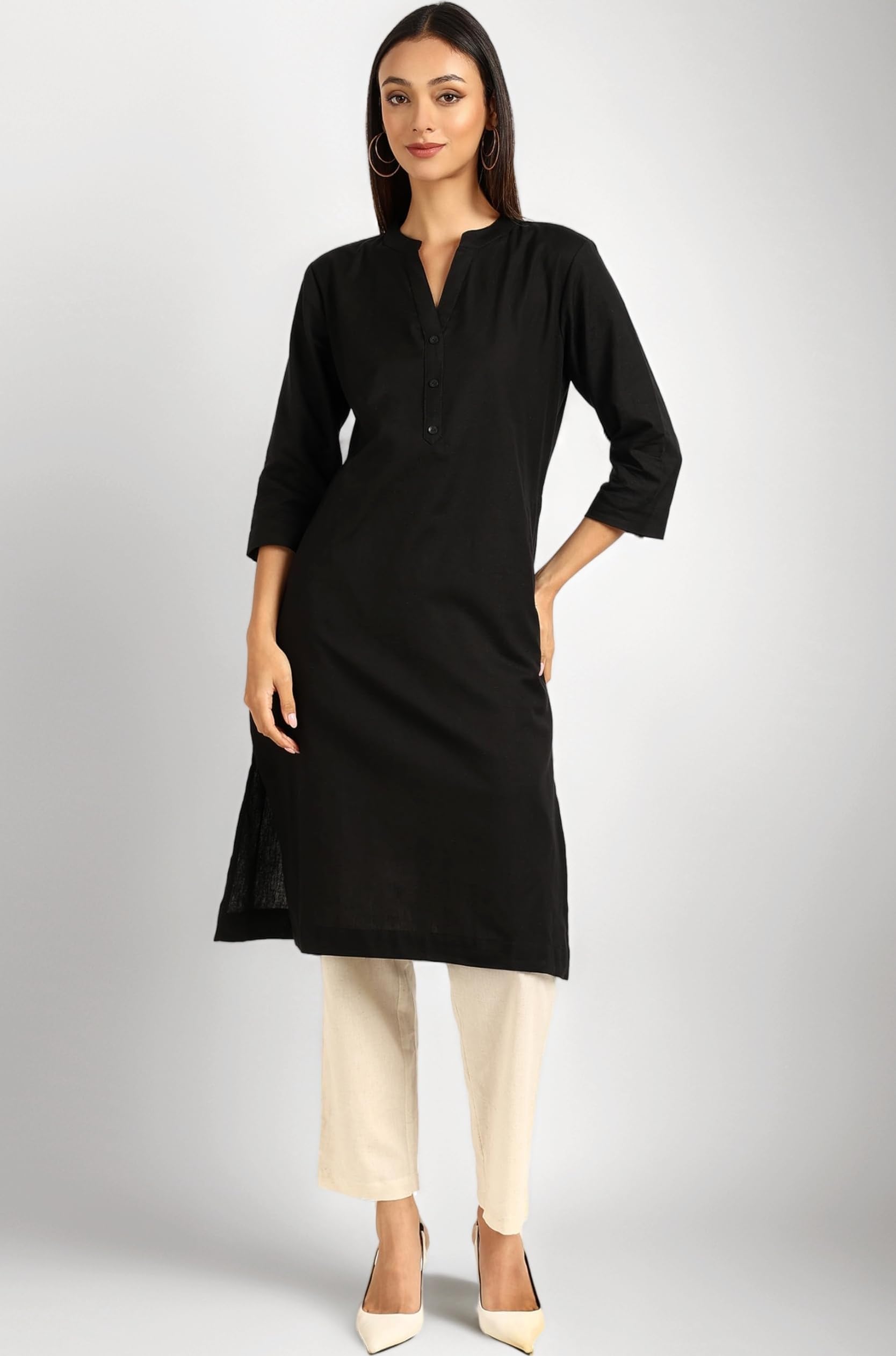BLOCKS OF INDIA Long Cotton Kurta Womens Plain Straight Kurta, 3/4 Sleeve, Knee Length with 2 Pockets