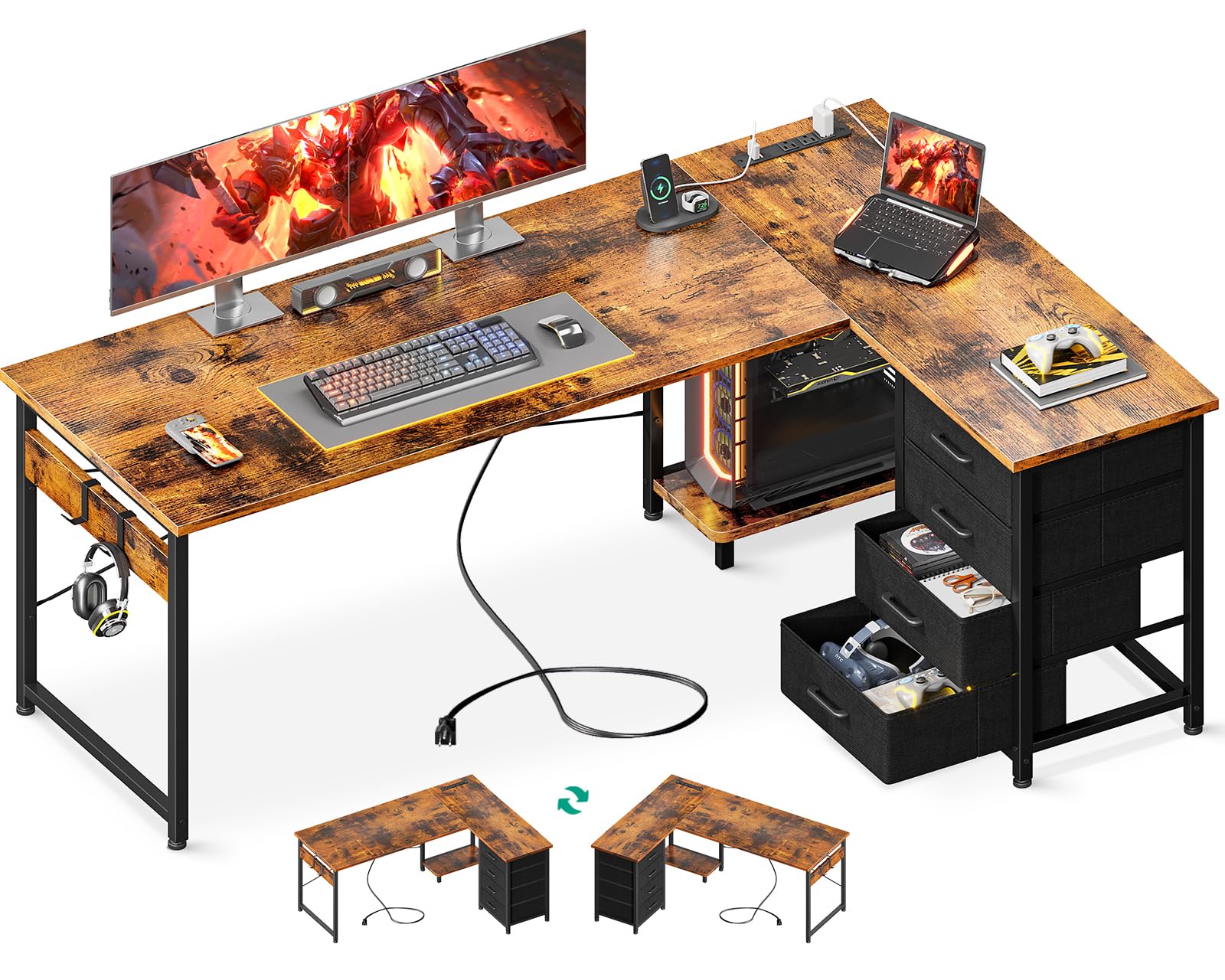 Casaottima L Shaped Desk with 4 Tier Drawers, 61" Gaming Desk with Power Outlets & USB, Reversible L-Shaped Computer Desk with CPU Stand, Home Office Corner Desk with Storage, Easy Assemble, Vintage