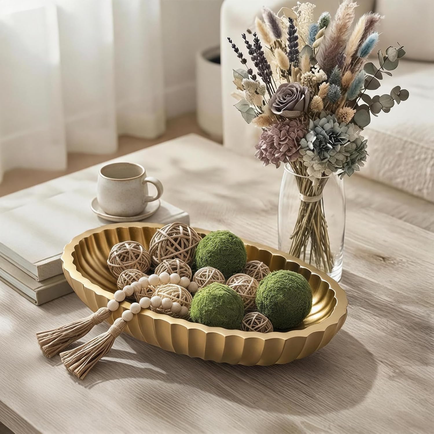 14.2" Long Decorative Bowl, Gold Ruffle Fruit Bowl for Home Decor