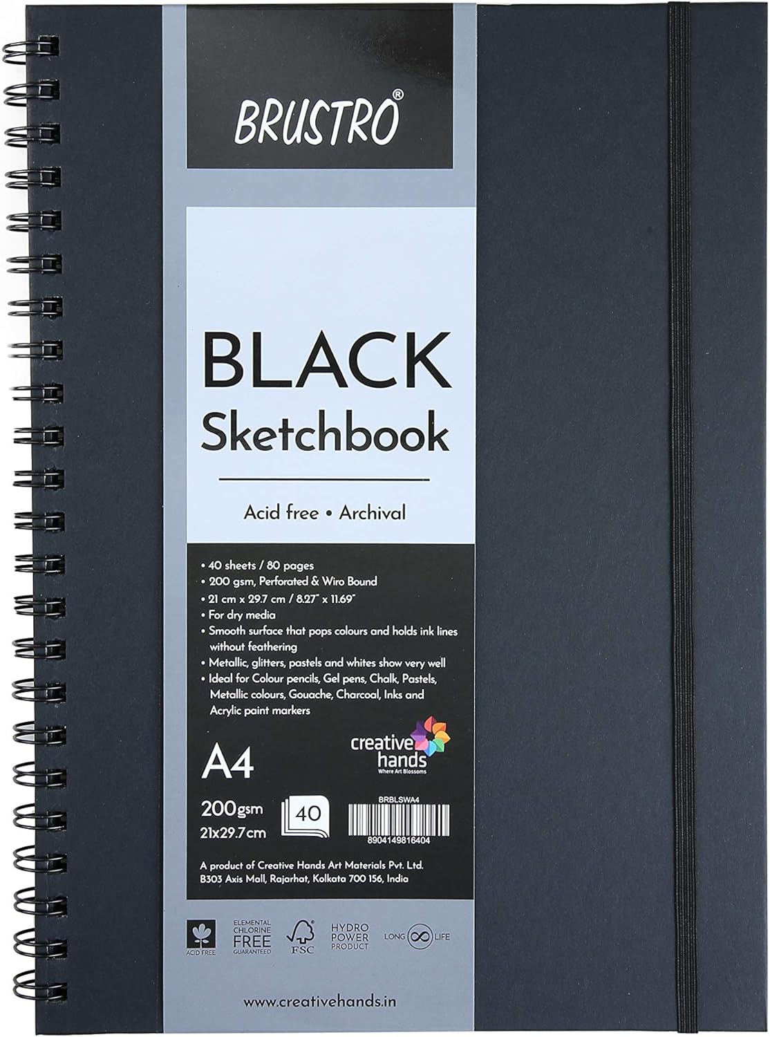 Brustro Artist's Black Sketchbook | A4, 200GSM, 80 Pages | Spiral, Wiro Bound, Ideal for Coloured Pencils,Gel Pens, Chalk,Pastels, Metallic Colours,Charcoal,Inks, Colors, Acrylic Paint Markers