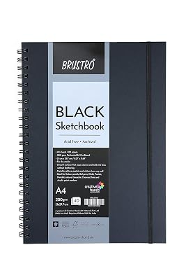 Brustro Artist's Black Sketchbook | A4, 200GSM, 80 Pages | Spiral, Wiro Bound, Ideal for Coloured Pencils,Gel Pens, Chal