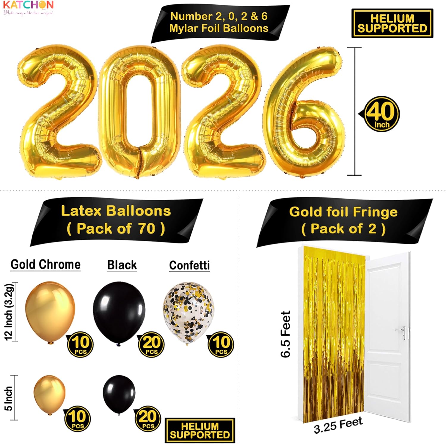 KatchOn, New Years Eve Party Supplies 2026 - Huge Set Pack of 86 | Black and Gold 2026 Balloons Arch Kit with Gold Fringe Curtain Backdrop | Happy New Years Decorations 2026, NYE Decorations 2026
