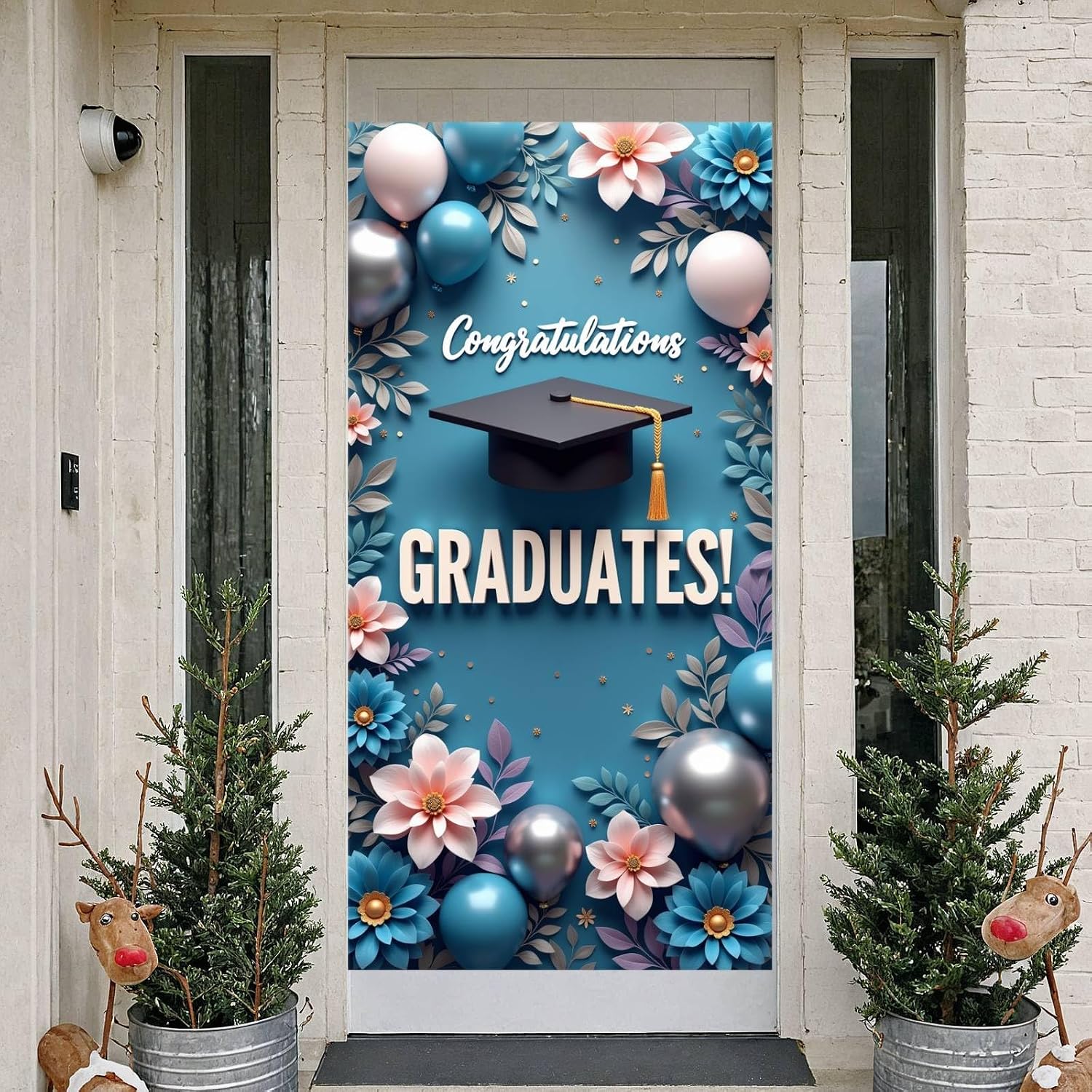 Graduation Door Banner for Front Door Decorations Large Floral Balloon Congrats Grad Door Cover Blue and White Class of 2026 Grad Sign Photo Backdrop for High School College Graduation Party Supplies