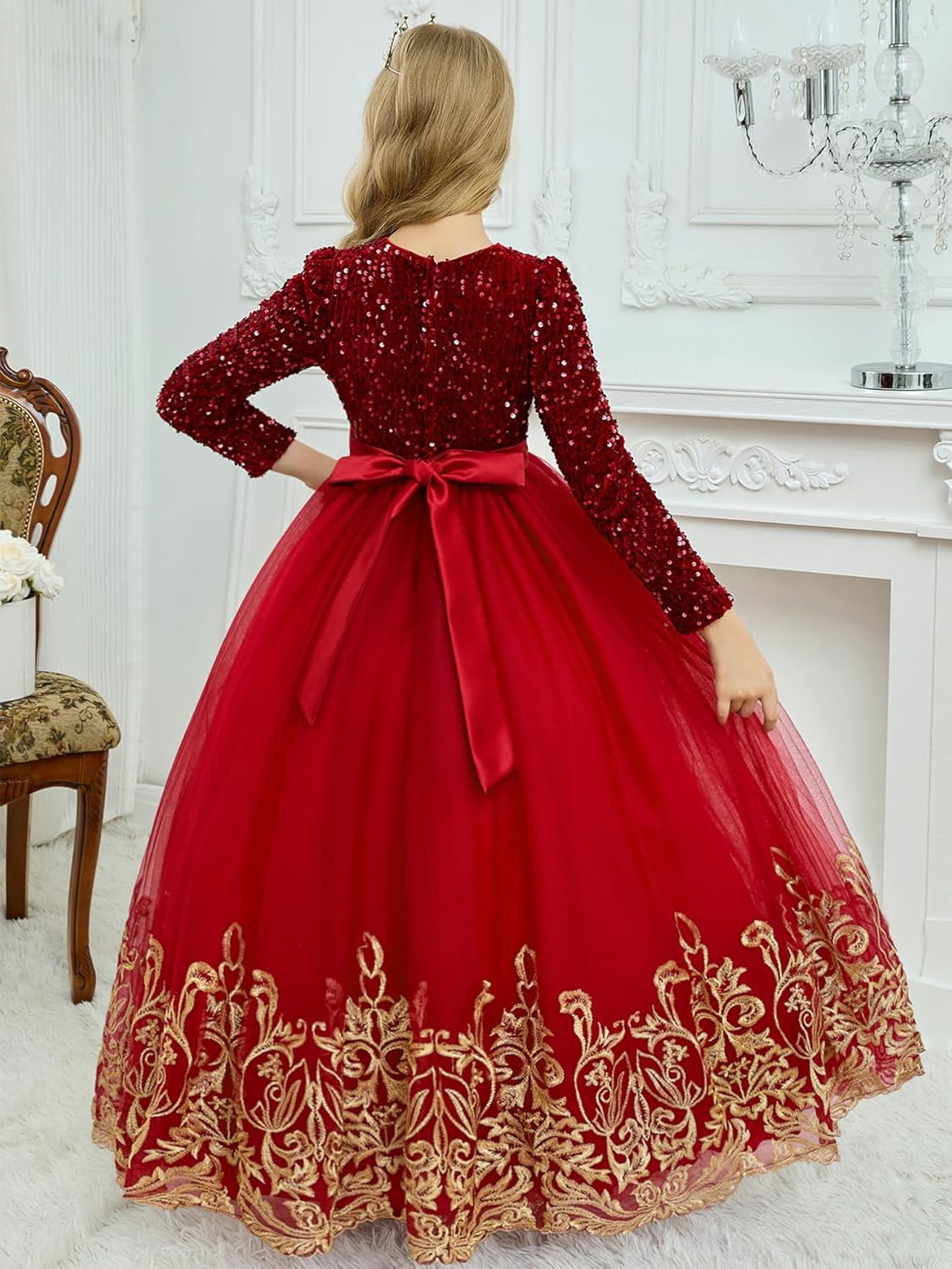 Sparkling Lace Appliques Flower Girl Dress with Long Sleeves and Sequin - Puffy Dresses for Girls Pageant Ball Gowns