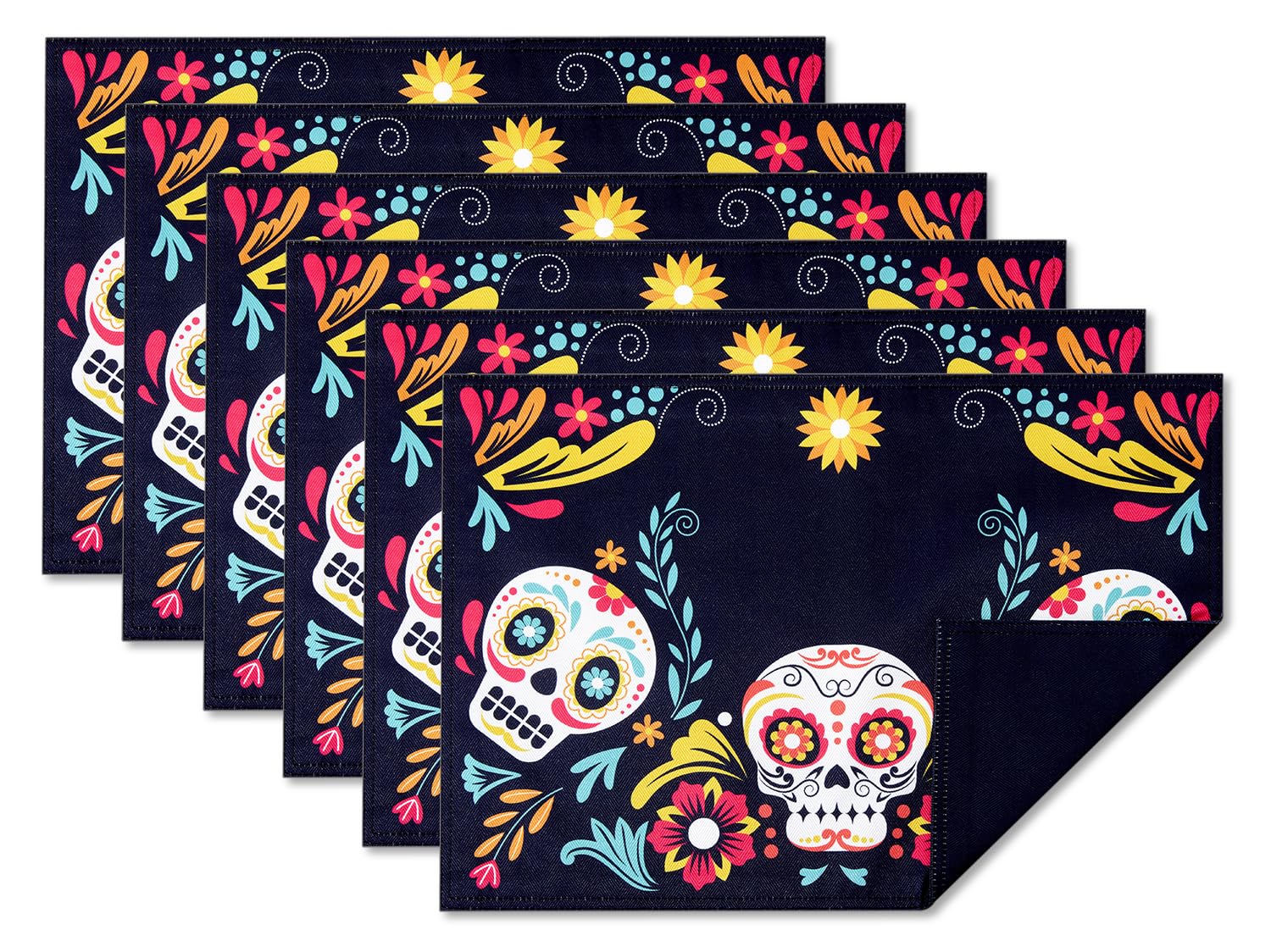 Day of The Dead Halloween Placemats for Dining Table Set of 6, Sugar Skull Place Mats for Kitchen Table Mats 13 x 19 Inch - Dia De Muertos Floral Skeleton Mask, Cinco De Mayo Mexico Fiesta Party Decor