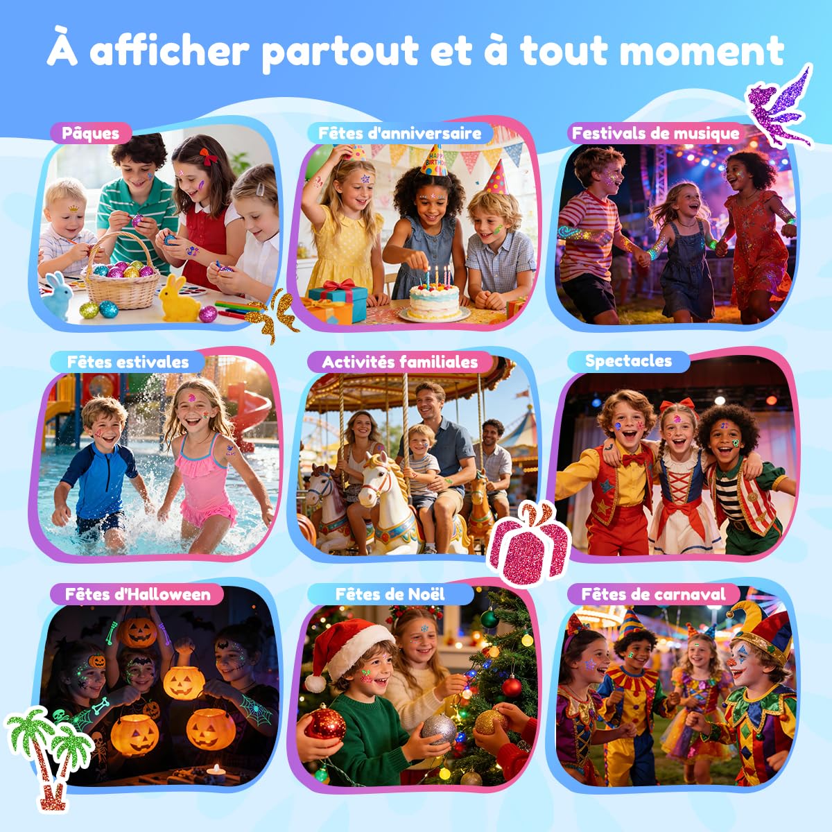 Bledras Kit Tatouage Paillettes Enfant, 36 Couleurs Comprend 6 Couleurs Lumineuse Paillettes Gel, Tatouage Temporaire pour Fête, Halloween, Carnaval, Maquillage Cheveux, Ongles