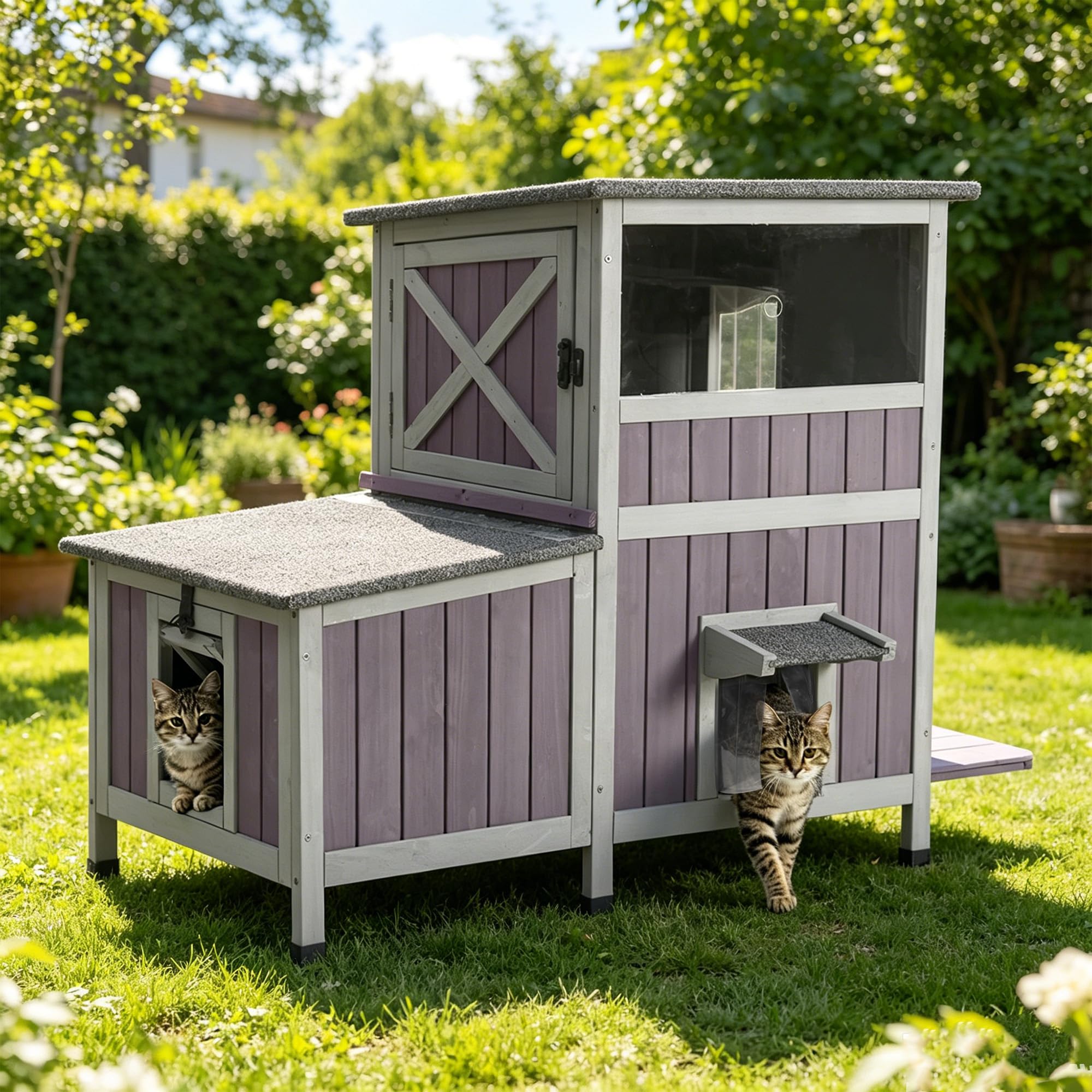 Outdoor Cat House Weatherproof,2-Story Large Cat Shelter with Multiple Doors,Liftable Roof&amp;Pull-Out Floor,Easy Assembly Warm Stray Cat House for Cats