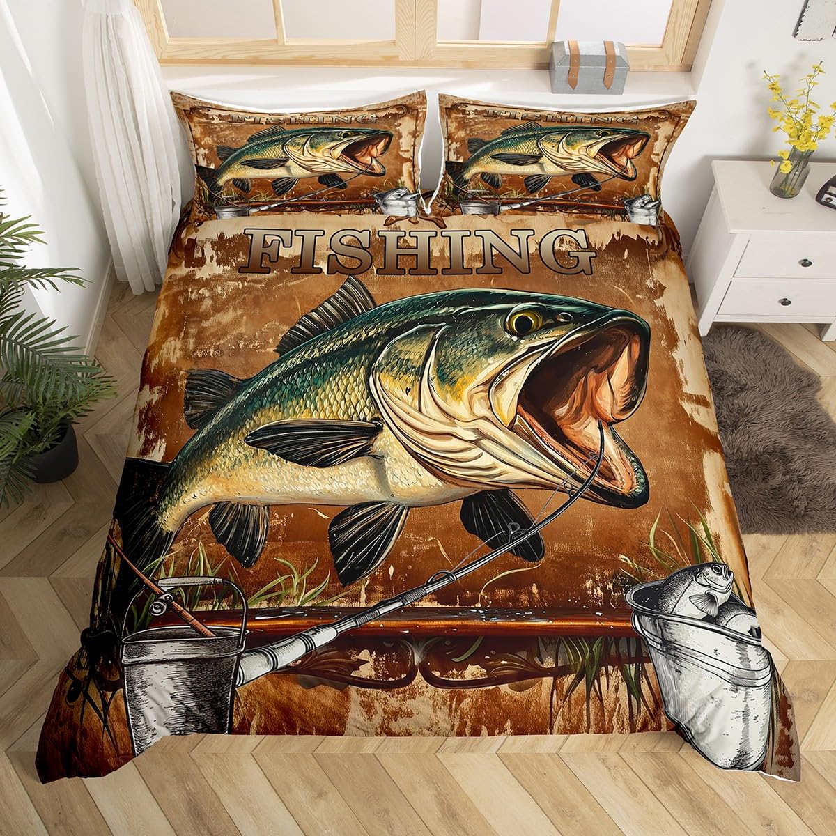 Big Fish Duvet Cover Queen Size for Kids Boys Teens,Hunting and Fishing 3 Pieces Duvet Cover,Green Vintage Wooden Print Soft Comforter Cover (Not Comforter),Underwater Animals Quilt Cover