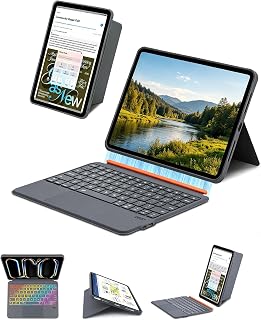 QUARK iPad Pro 13インチ M5/M4 キーボードケース 高精度タッチパッド 磁気吸着 マグネット着脱式キーボード 7色バックライト 静音キー 横/縦置き対応 無階段調整スタンドType-C充電式 省エネ magic keyboard,グレー