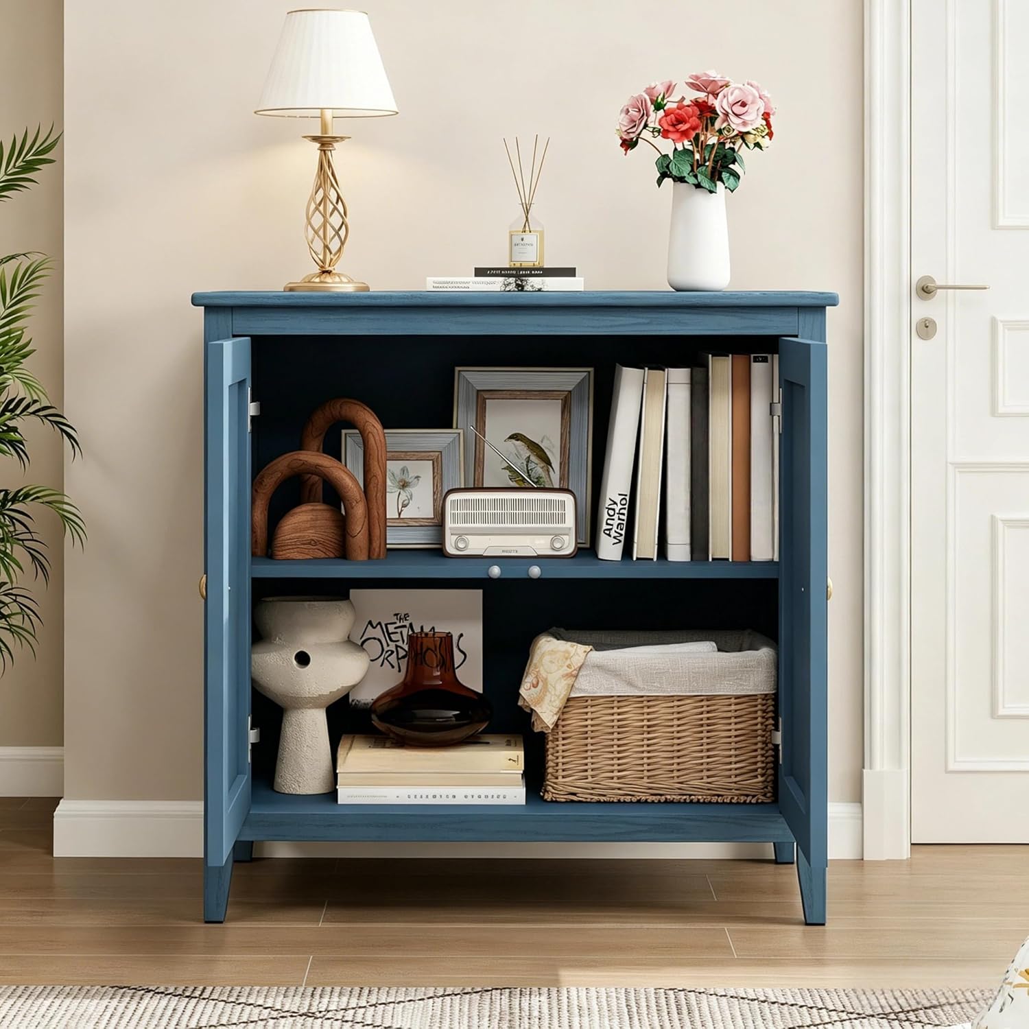 31.5" Geometric Embossed Blue Sideboard Buffet Cabinet,2 Door Accent Cabinet with Adjustable Shelves,Matte Vintage Finish Small Sideboard Buffet Cabinet for Living Room
