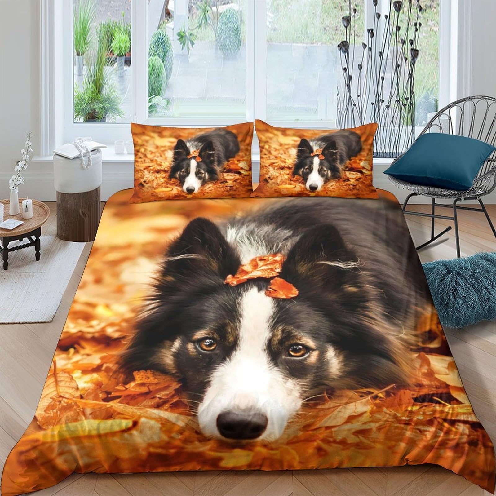 Ctjqhvkz Style-4 3D Printed Autumn Leaves Border Collie Fitted Sheet Microfiber Soft Bed Cover For Bedroom Decor Mattress Protection Single（135X200cm）
