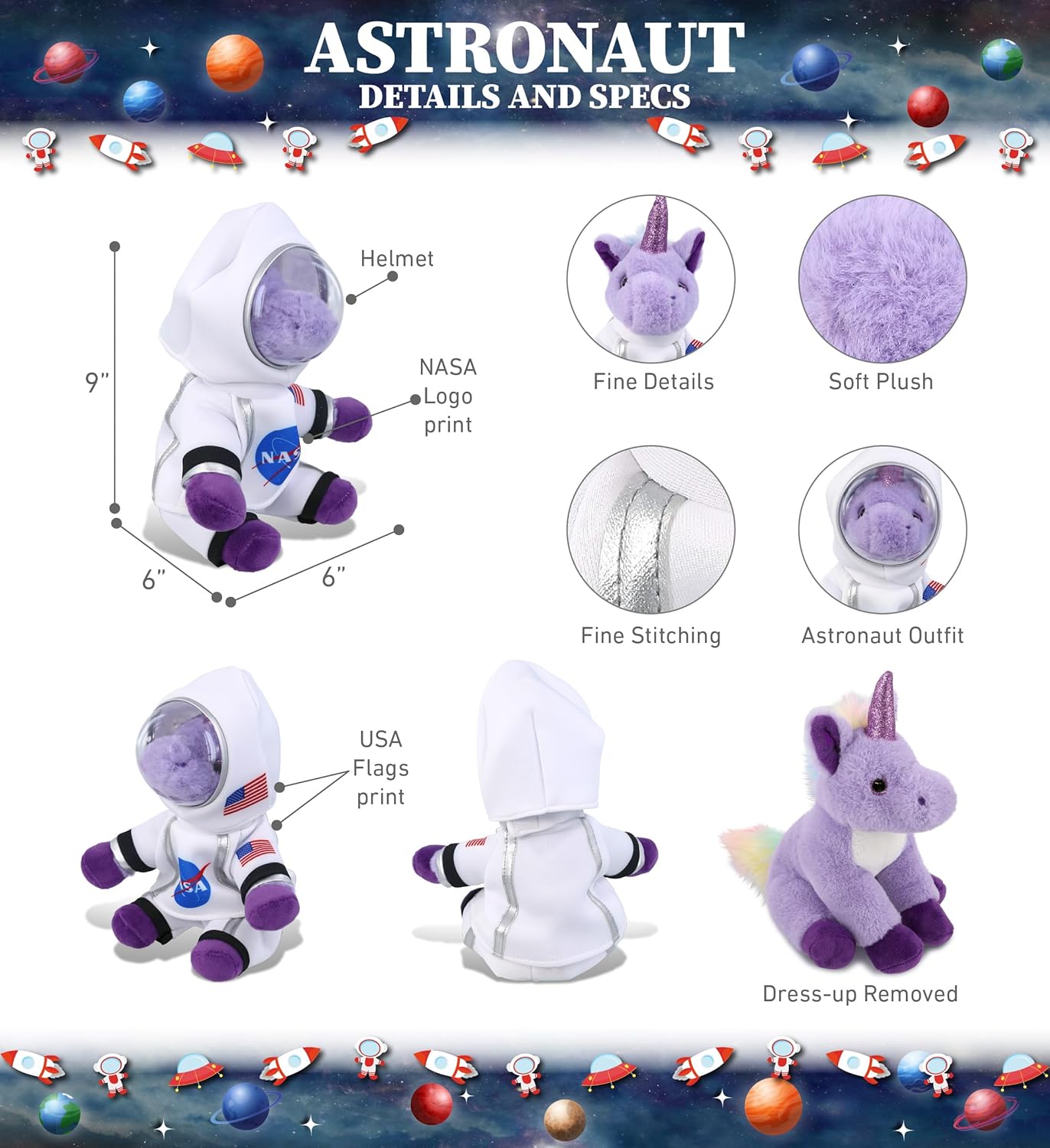 DolliBu Purple Unicorn Astronaut Plush Toy - Fantasy Astronaut Stuffed Animal with Space Helmet and NASA Astronaut Suit, Spaceman Doll Decor for Girls and Boys with Personalization - 9 Inch