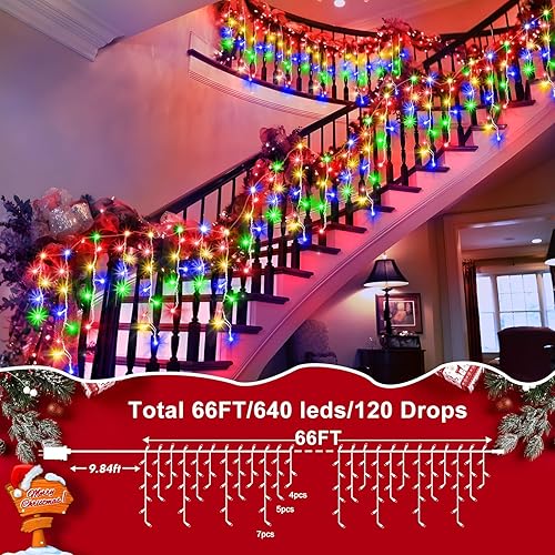 Miniatura 12 de Luces de Navidad de 132 pies para decoración al aire libre, 1280 LED 8 modos de luces de hadas con 240 gotas, temporizador impermeable con función
